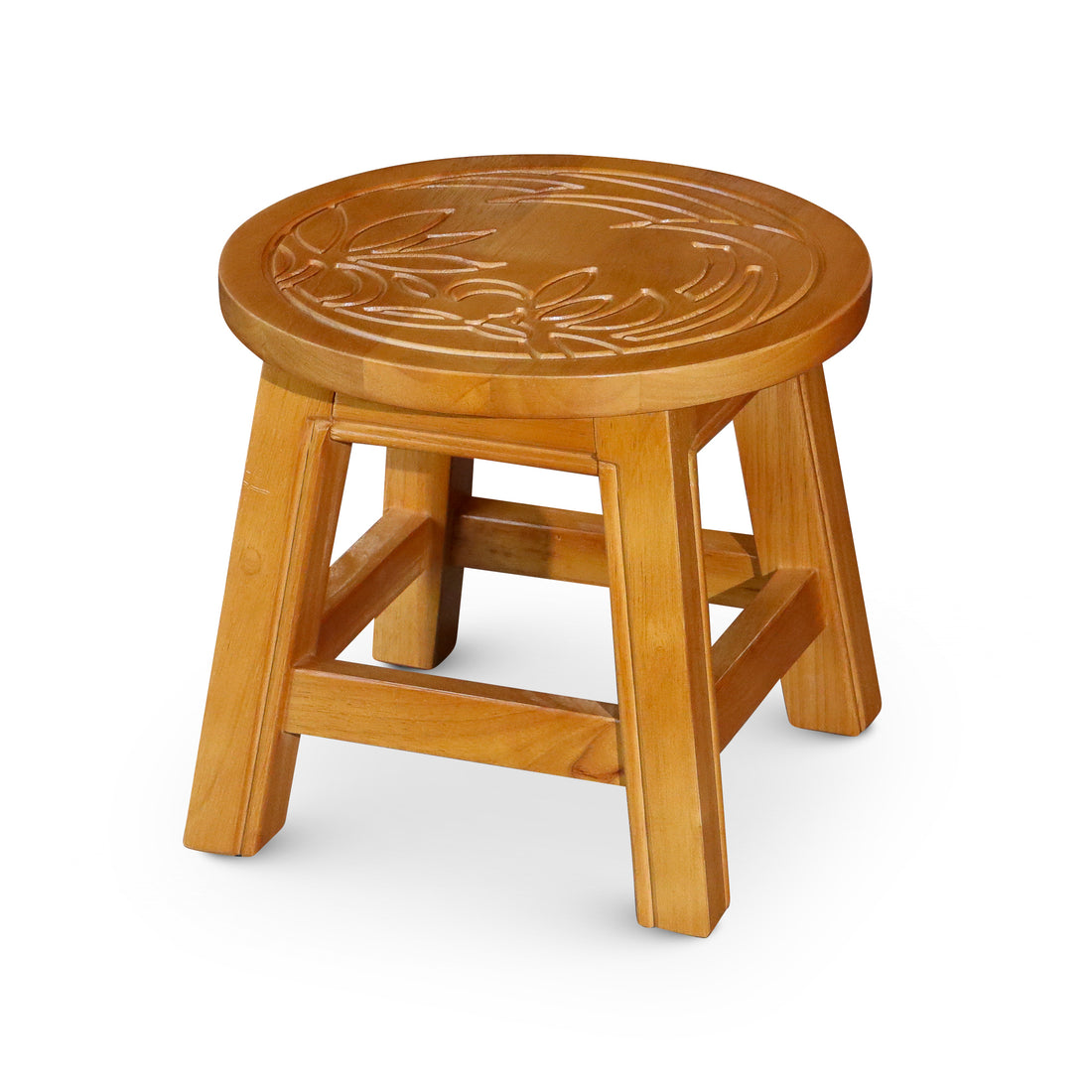 Carved Wooden Step Stool, Floral, Natural Natural Rubber Wood