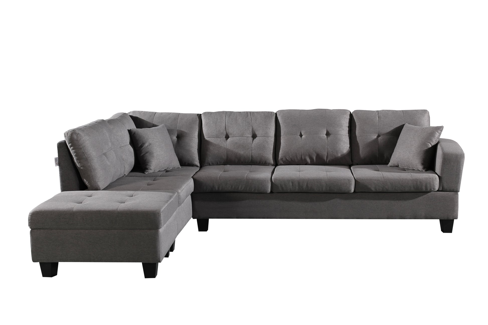 Fabric Left Chaise Living Room Sofa Set With Storage Ottoman Brown Wood Primary Living Space Medium Duty Eucalyptus 6 Seat Grey Polyester Medium Soft Pillow Back American Design,American Traditional Square Arms Foam Fabric