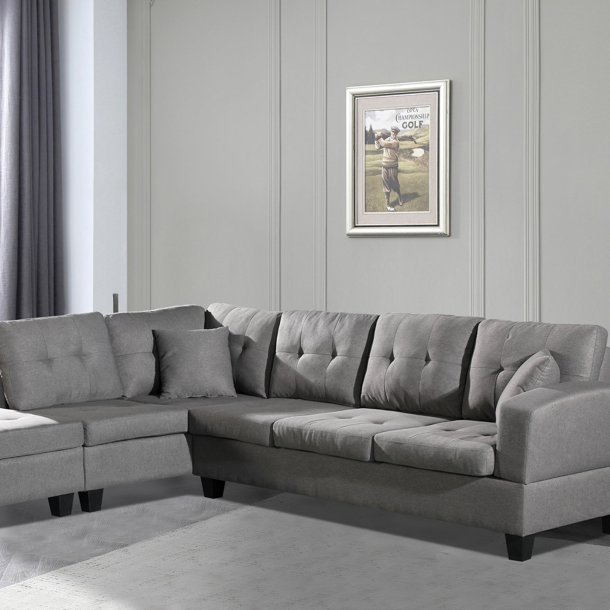 Fabric Left Chaise Living Room Sofa Set With Storage Ottoman Brown Wood Primary Living Space Medium Duty Eucalyptus 6 Seat Grey Polyester Medium Soft Pillow Back American Design,American Traditional Square Arms Foam Fabric