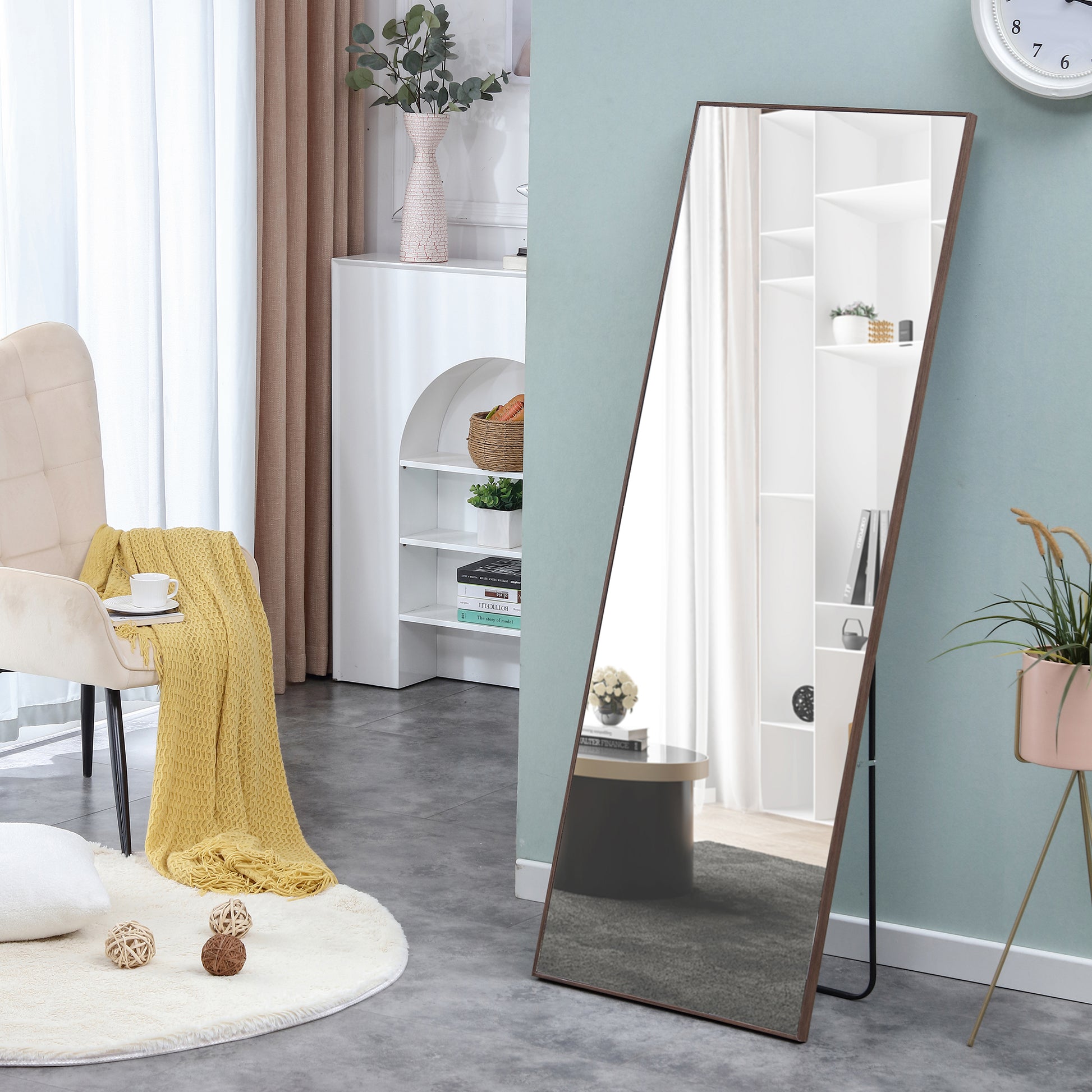Brown Solid Wood Frame Full Length Mirror, Dressing Mirror, Bedroom Home Porch, Decorative Mirror, Clothing Store, Floor Mounted Large Mirror, Wall Mounted.63"*19" Brown Glass
