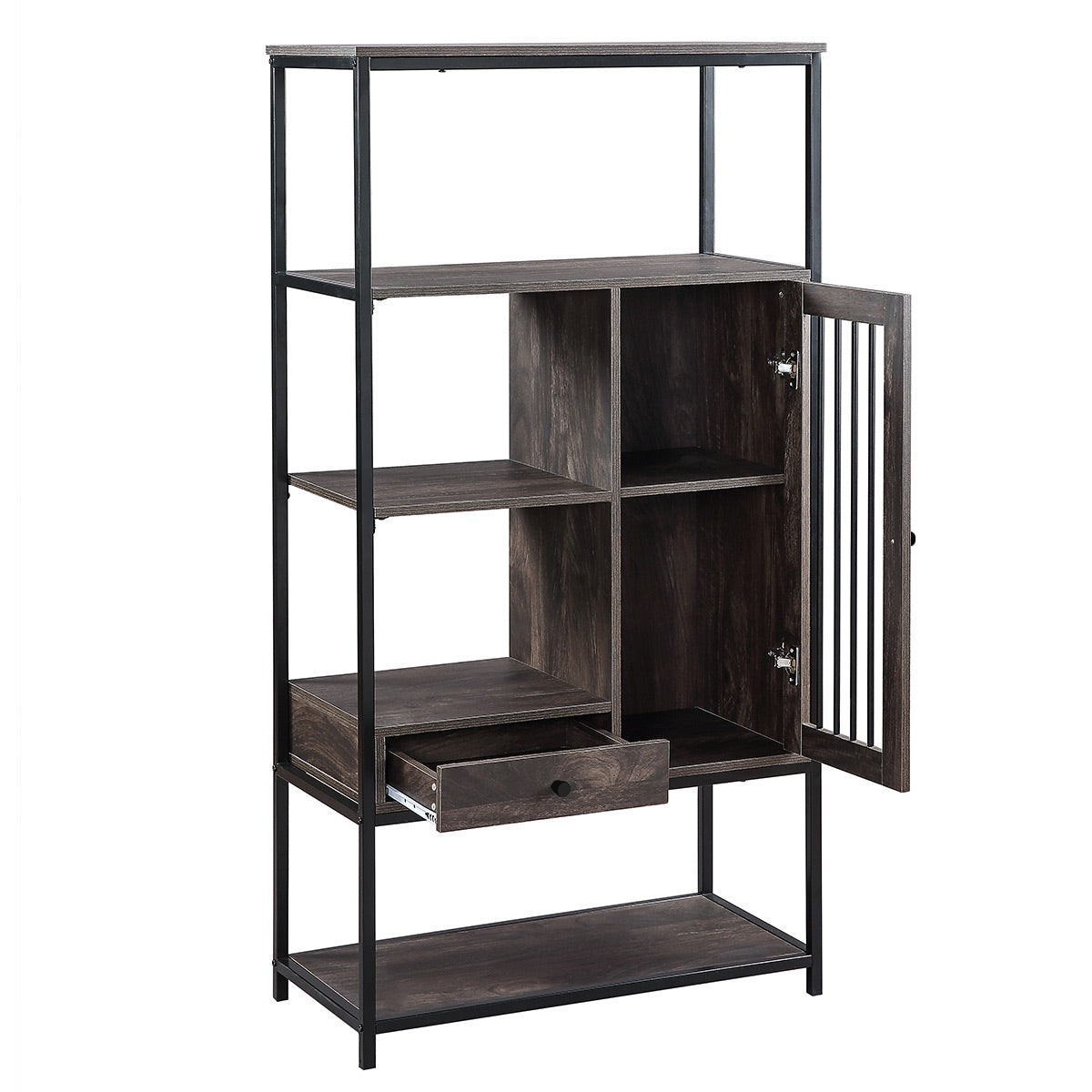 Home Office Bookcase And Bookshelf 5 Tier Display Shelf With Doors And Drawers, Freestanding Multi Functional Decorative Storage Shelving, Vintage Brown Industrial Style Brown Brown Mdf