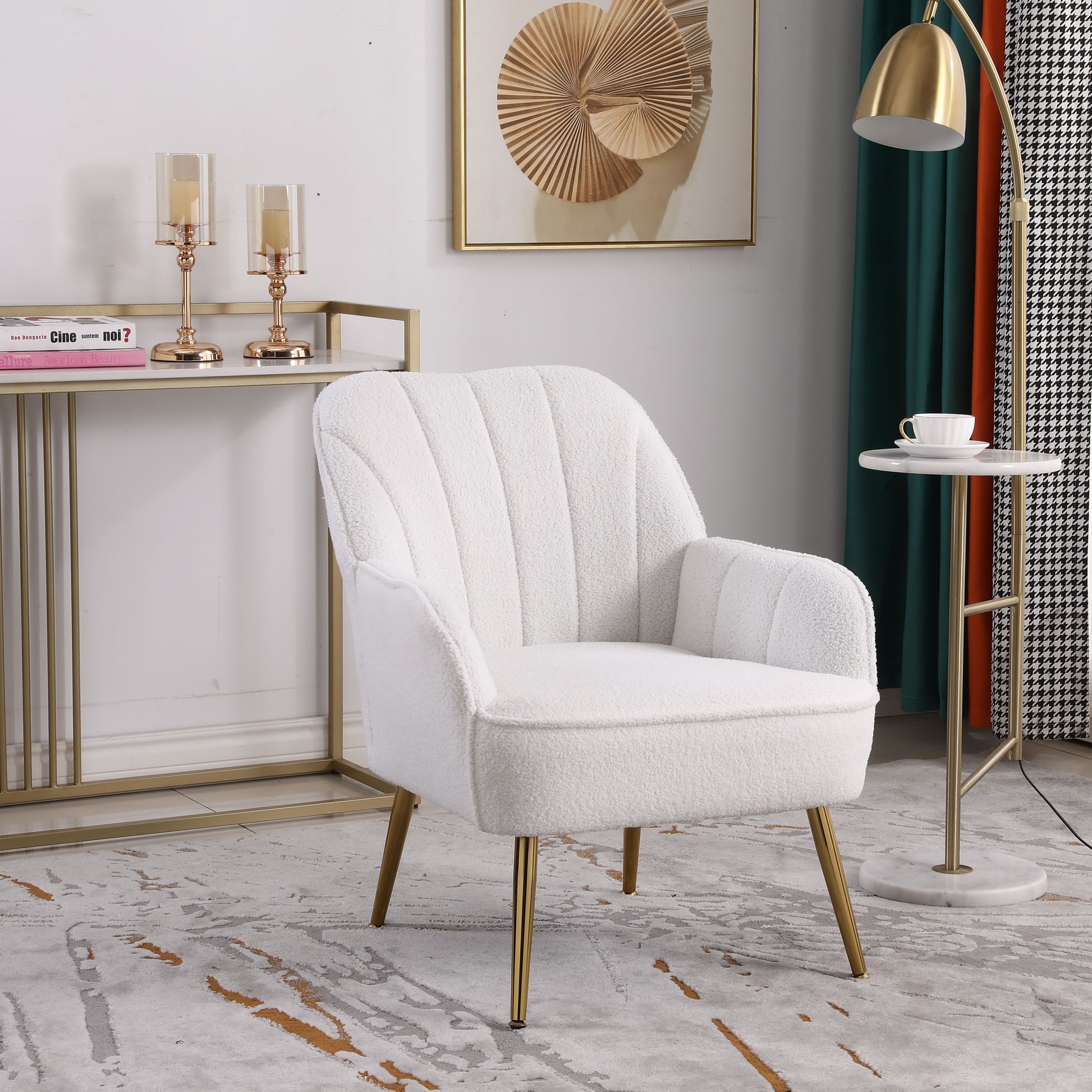 Modern Soft White Teddy Fabric Ivory Ergonomics Accent Chair Living Room Chair Bedroom Chair Home Chair With Gold Legs And Adjustable Legs For Indoor Home Off White Foam Faux Fur
