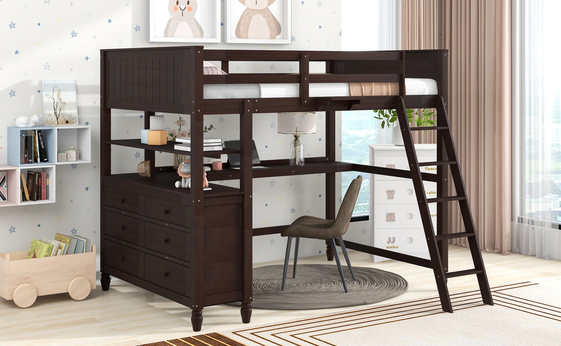 Full Size Loft Bed With Drawers And Desk, Wooden Loft Bed With Shelves Espresso Old Sku:Lt001529Aap Espresso Solid Wood