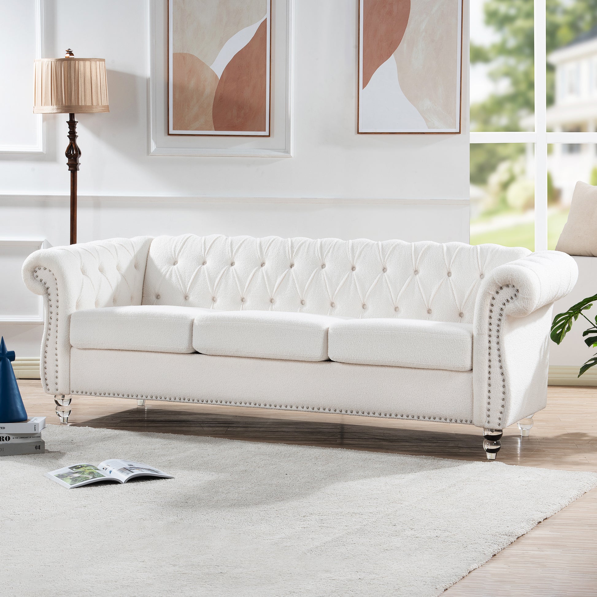 84.65" Rolled Arm Chesterfield 3 Seater Sofa White Polyester 3 Seat