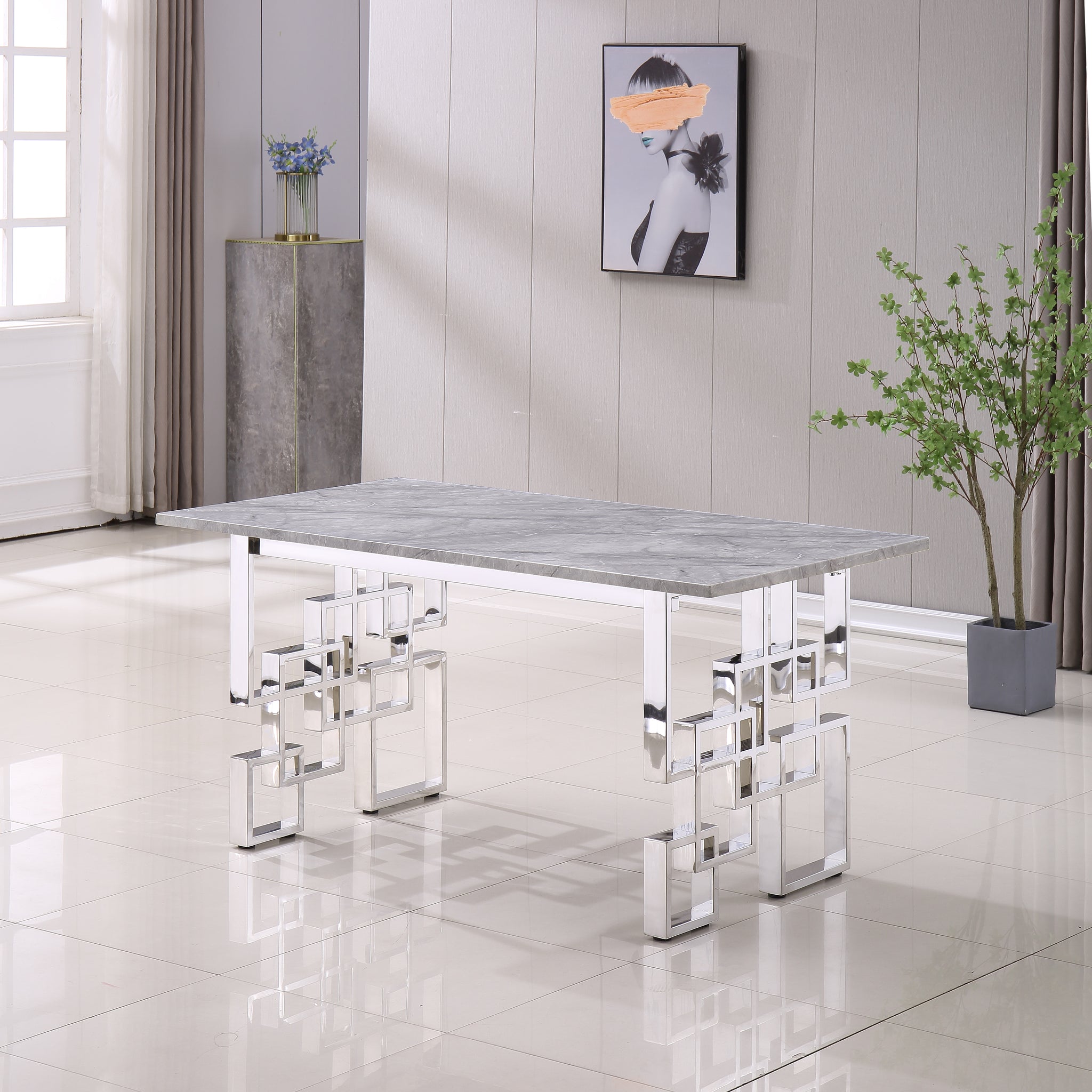 Contemporary Rectangular Marble Table, 0.71" Marble Top, Silver Mirrored Finish, Luxury Design For Home 63"X35.4"X29.5" Grey Marble