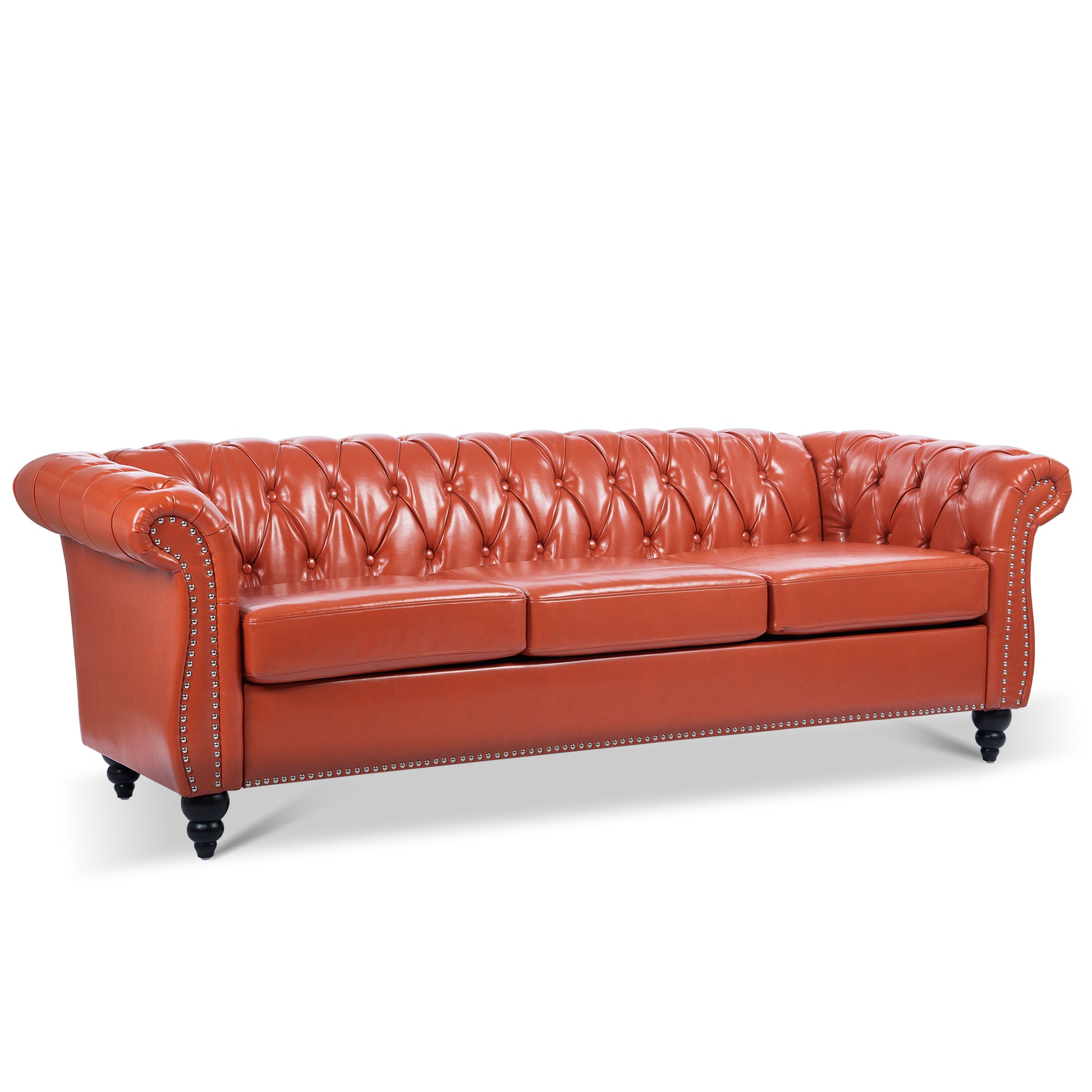84.65" Rolled Arm Chesterfield 3 Seater Sofa Orange Pu