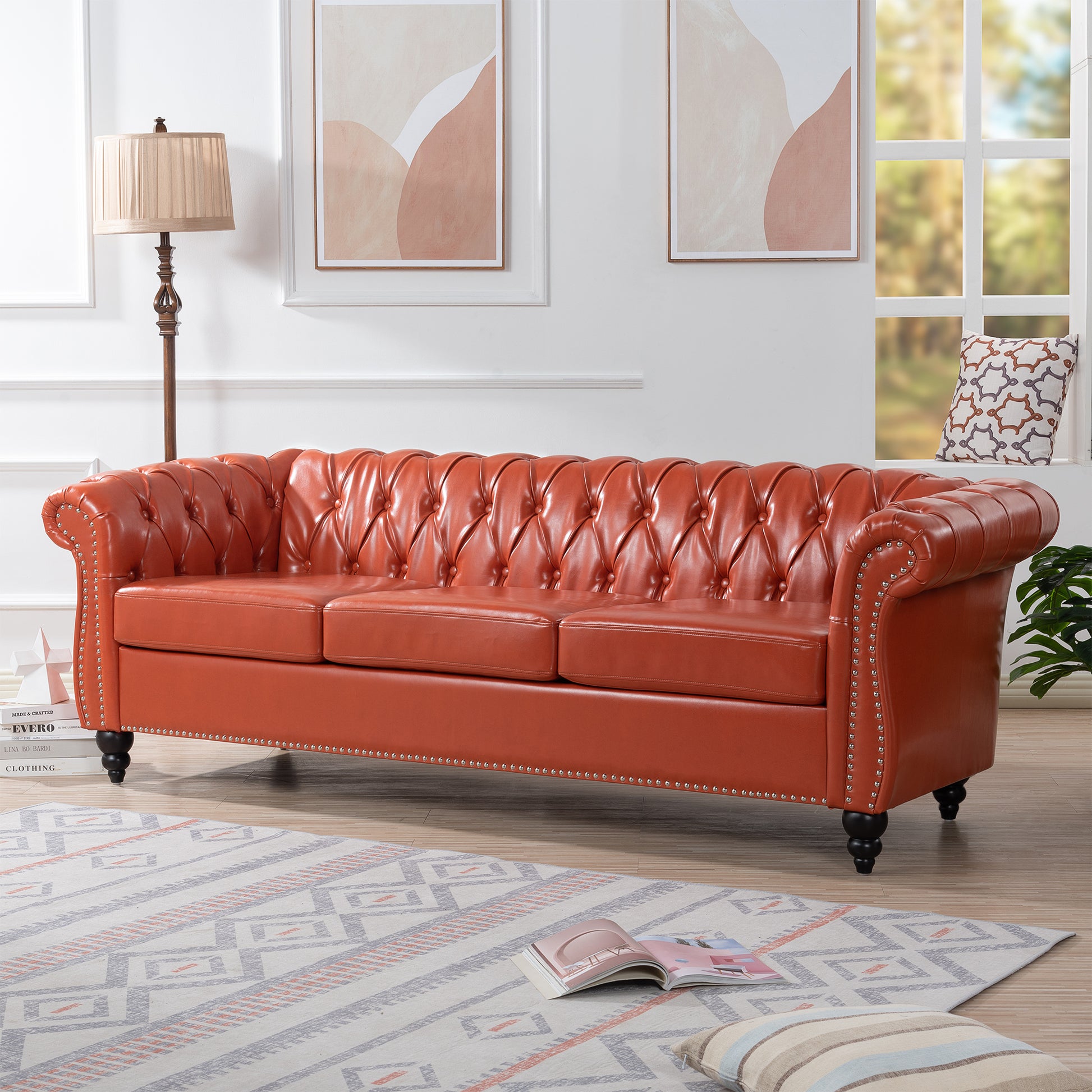 84.65" Rolled Arm Chesterfield 3 Seater Sofa Orange Pu