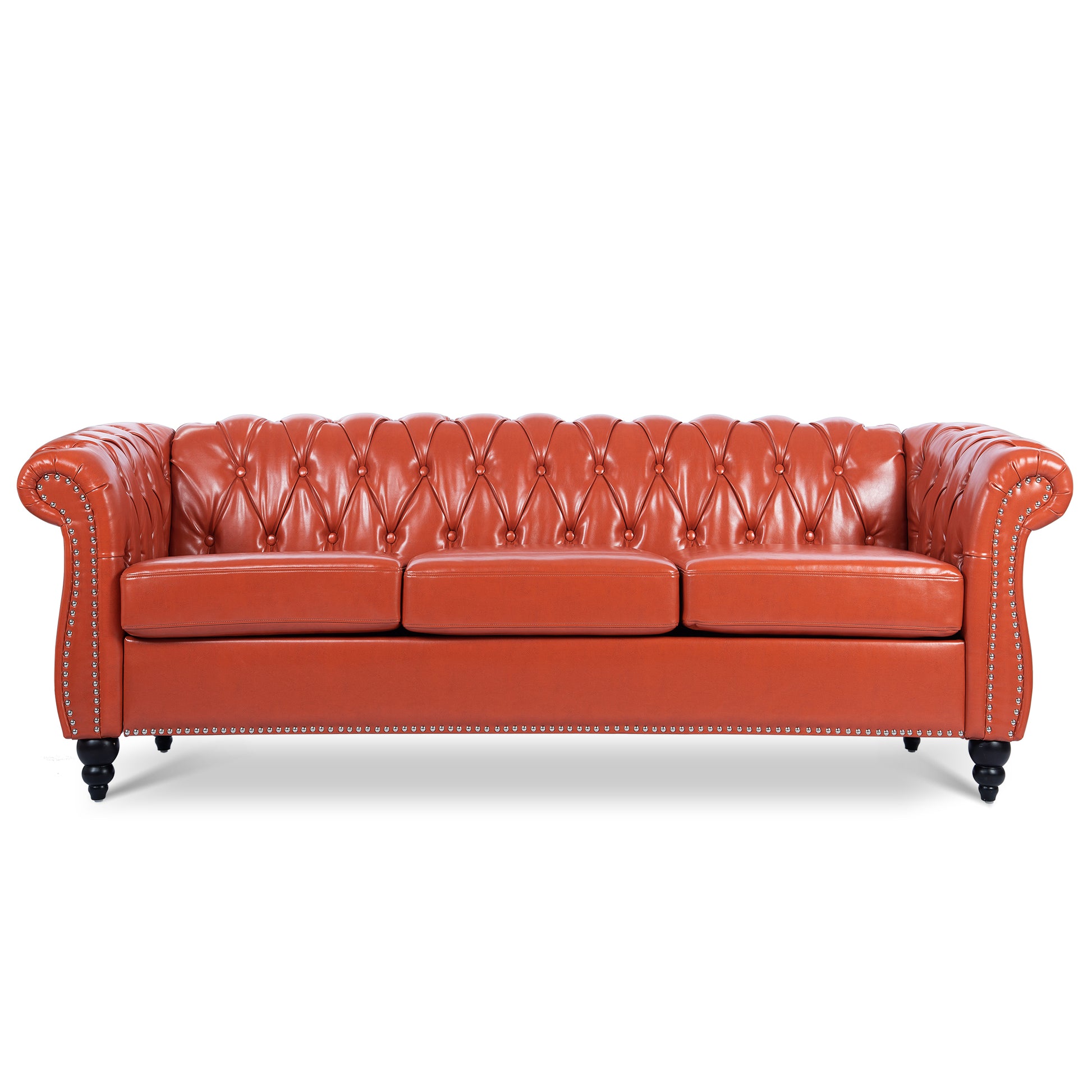 84.65" Rolled Arm Chesterfield 3 Seater Sofa Orange Pu