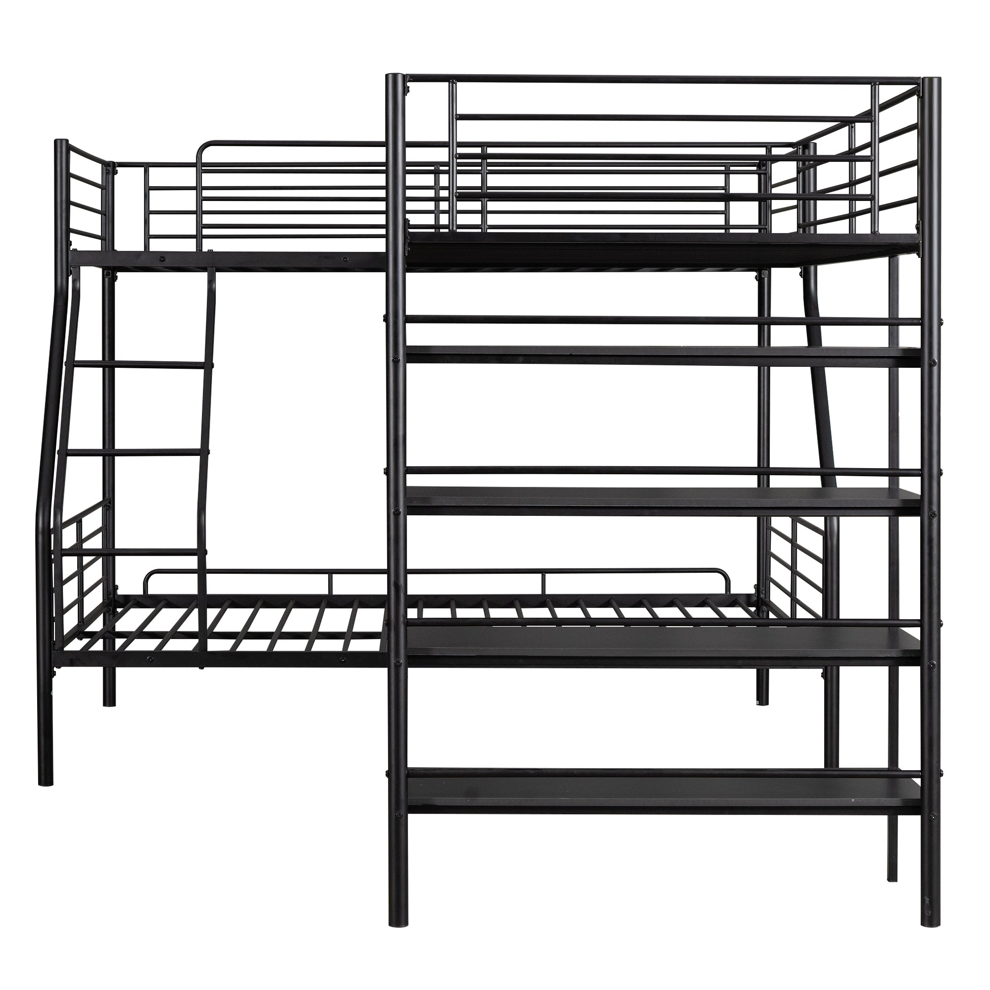 L Shaped Metal Twin Over Full Bunk Bed And Twin Size Loft Bed With Four Built In Shelves,Black Black Metal