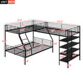 L Shaped Metal Twin Over Full Bunk Bed And Twin Size Loft Bed With Four Built In Shelves,Black Black Metal