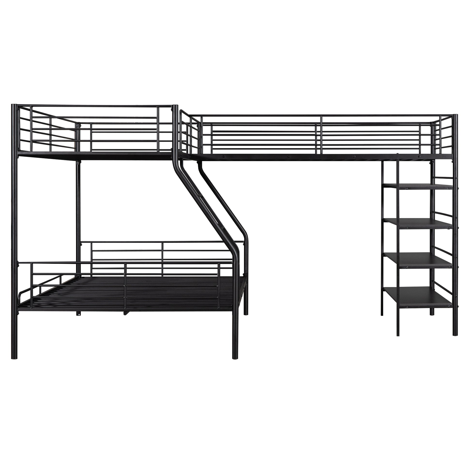 L Shaped Metal Twin Over Full Bunk Bed And Twin Size Loft Bed With Four Built In Shelves,Black Black Metal