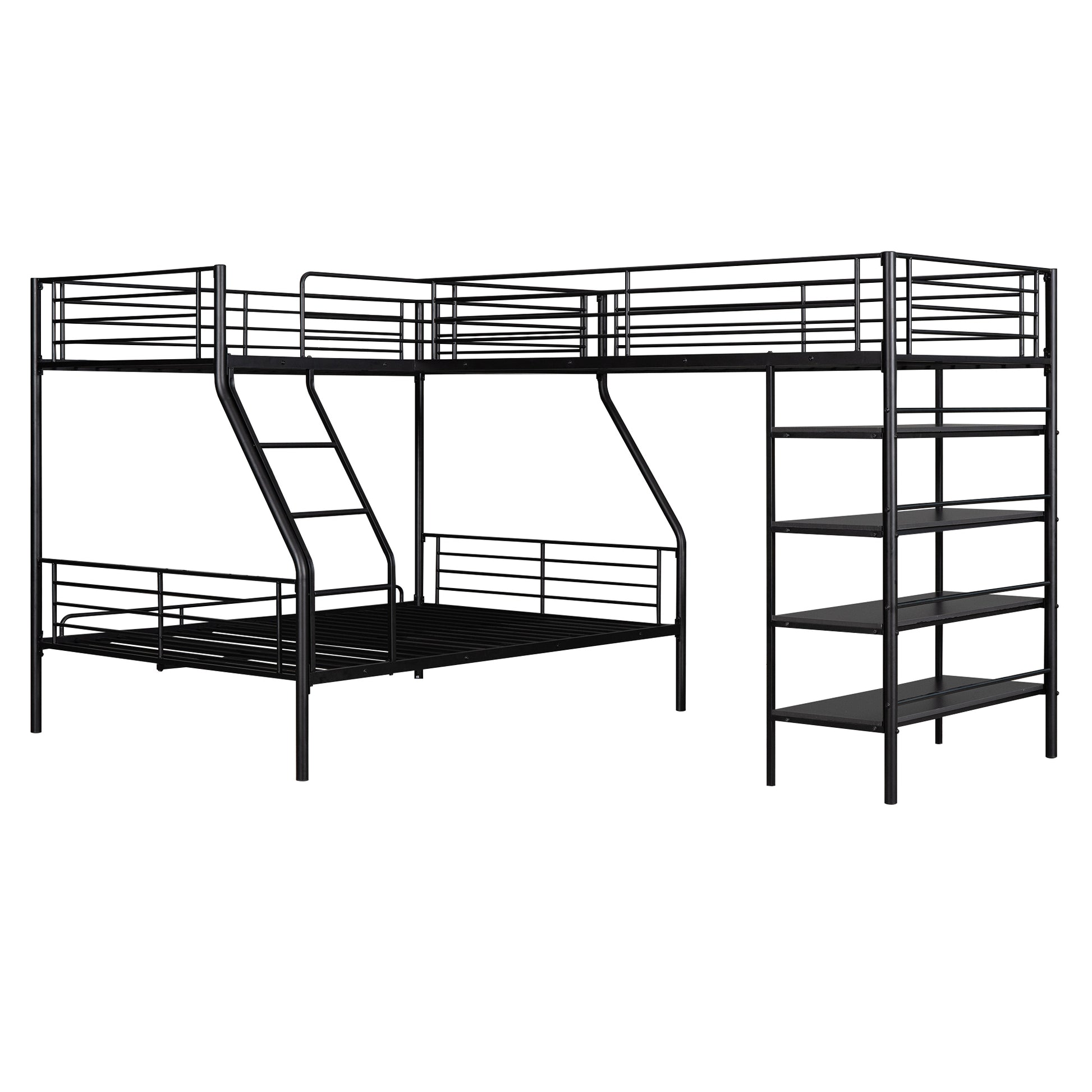 L Shaped Metal Twin Over Full Bunk Bed And Twin Size Loft Bed With Four Built In Shelves,Black Black Metal