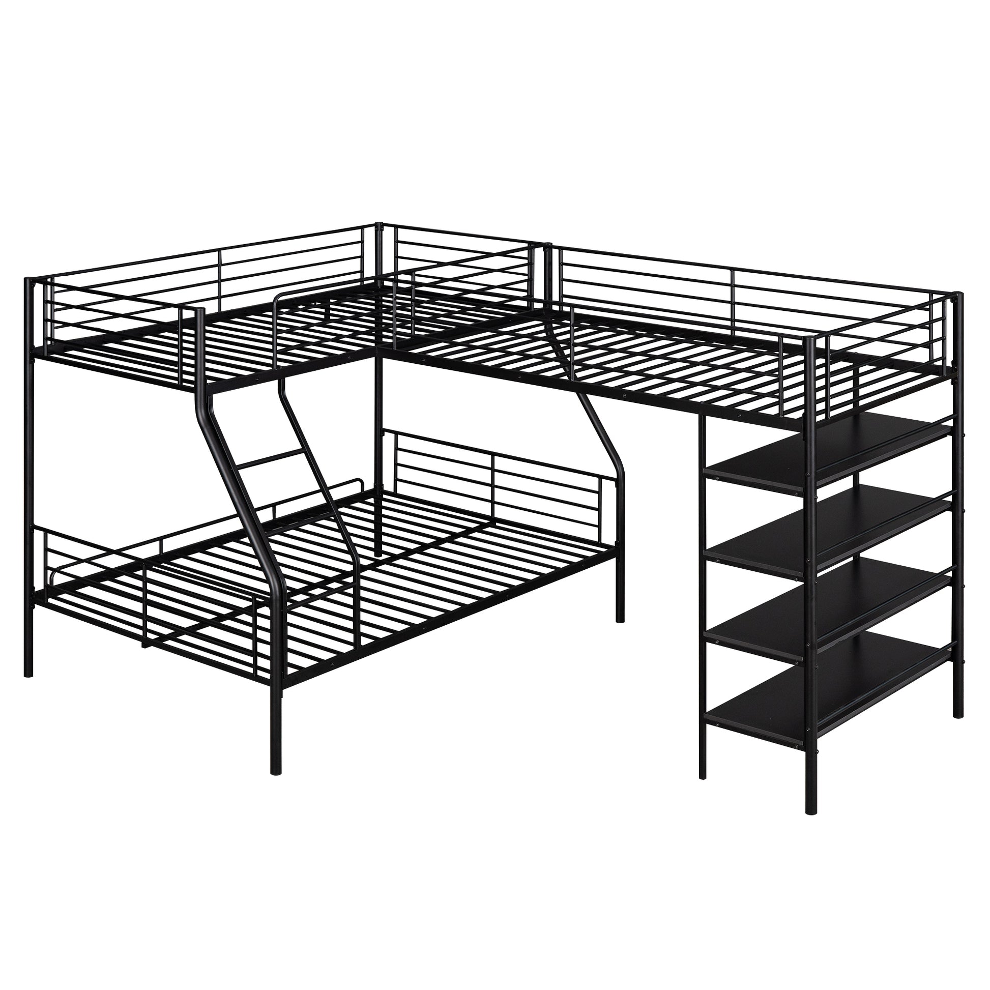 L Shaped Metal Twin Over Full Bunk Bed And Twin Size Loft Bed With Four Built In Shelves,Black Black Metal