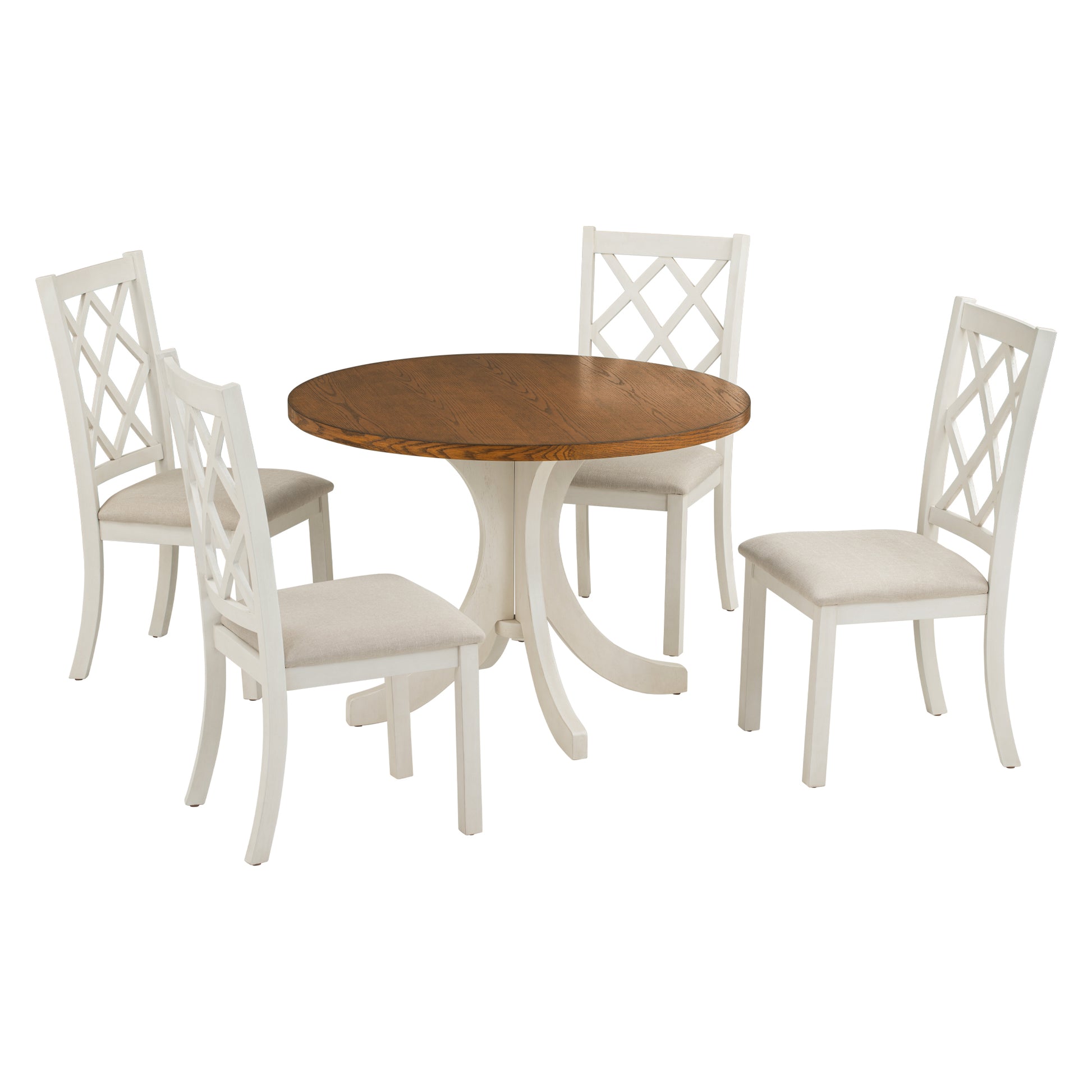 Mid Century Solid Wood 5 Piece Round Dining Table Set, Kitchen Table Set With Upholstered Chairs For Small Places, Walnut Table Beige Chair Wood Dining Room Solid Wood Rubberwood Round Dining Table With Chair Upholstered Chair Wood Walnut Slat Back Seats