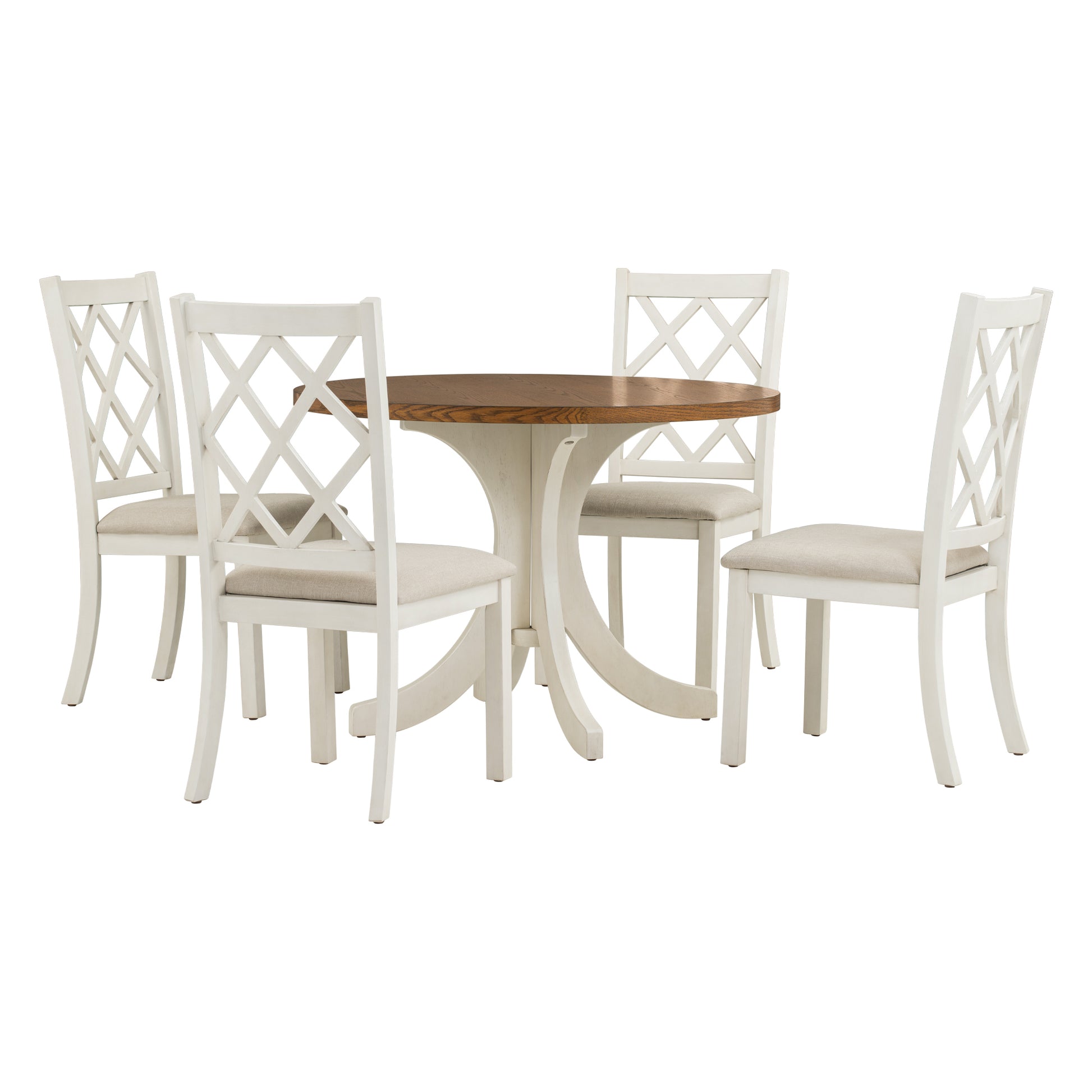 Mid Century Solid Wood 5 Piece Round Dining Table Set, Kitchen Table Set With Upholstered Chairs For Small Places, Walnut Table Beige Chair Wood Dining Room Solid Wood Rubberwood Round Dining Table With Chair Upholstered Chair Wood Walnut Slat Back Seats