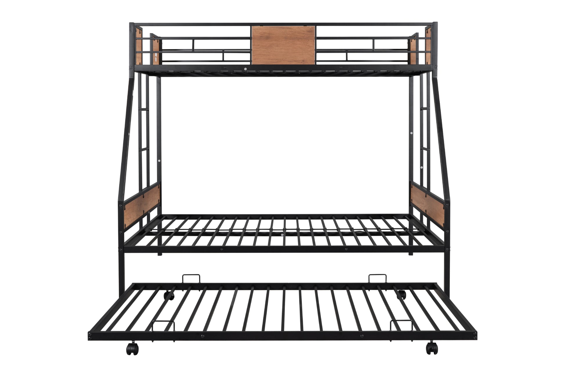 Metal Twin Over Full Bunk Bed With Trundle Heavy Duty Sturdy Metal Noise Reduced Safety Guardrail Wooden Decoration Convenient Trundle Bunk Bed For Three Cpc Certified No Box Spring Needed Black Metal