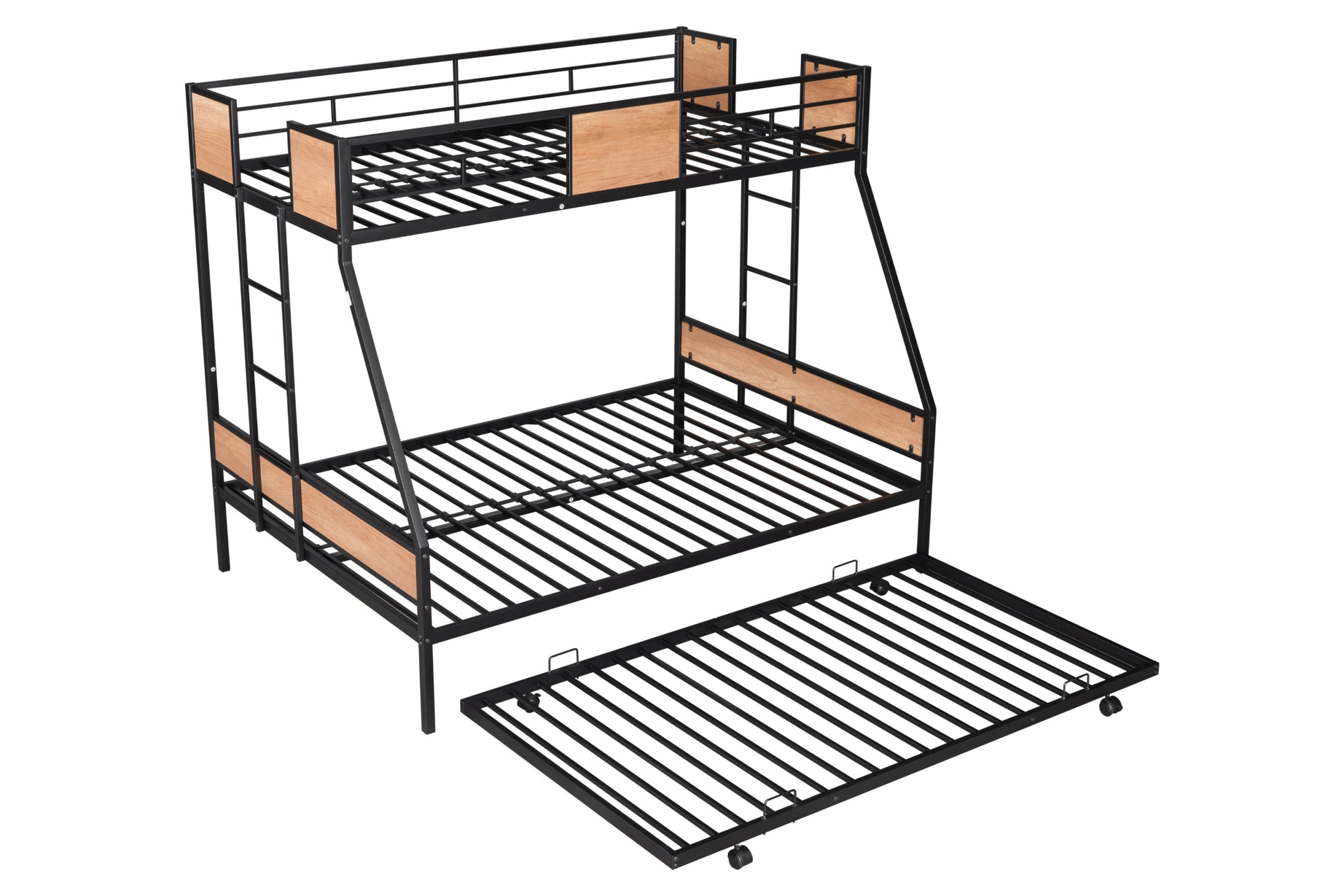 Metal Twin Over Full Bunk Bed With Trundle Heavy Duty Sturdy Metal Noise Reduced Safety Guardrail Wooden Decoration Convenient Trundle Bunk Bed For Three Cpc Certified No Box Spring Needed Black Metal