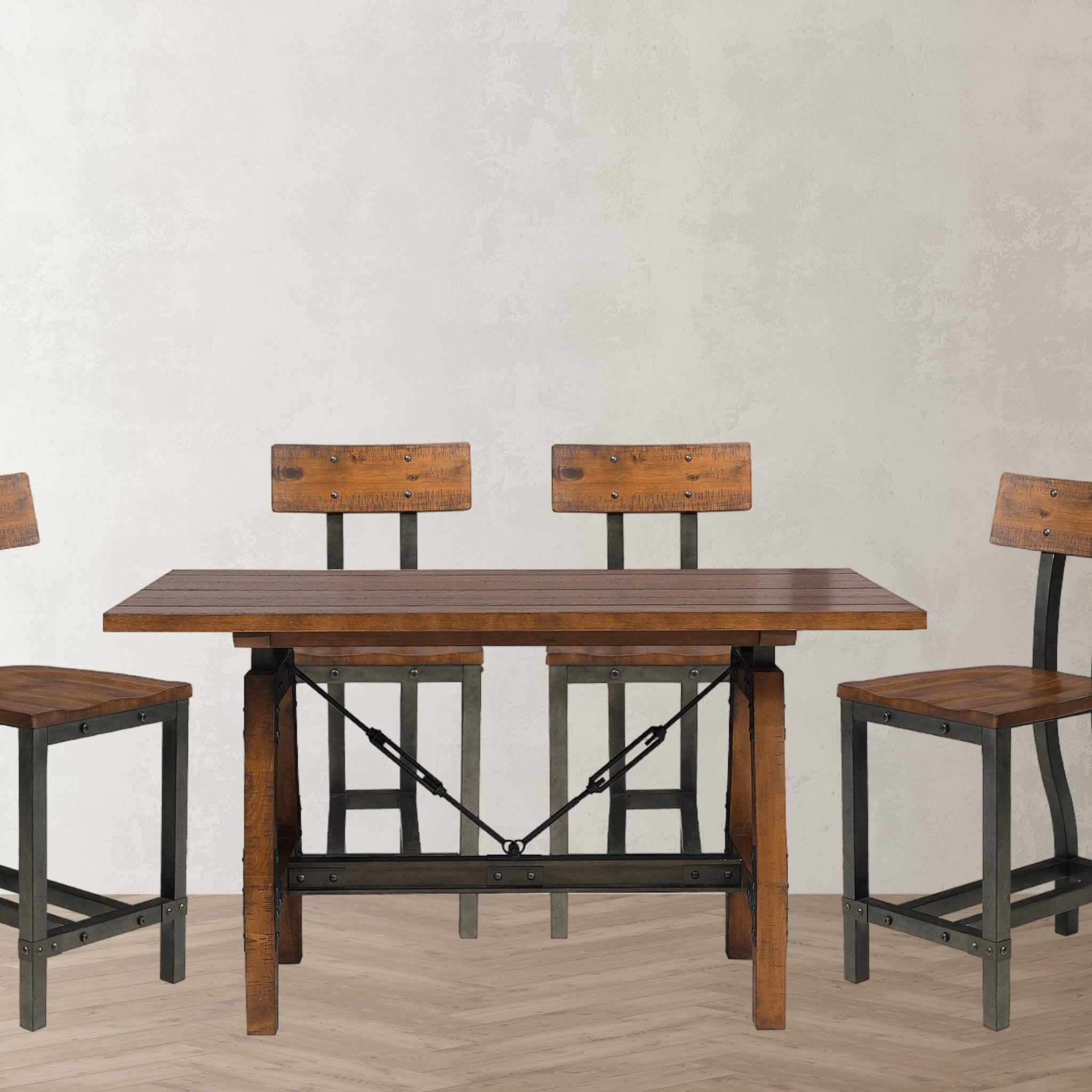Rustic Brown And Gunmetal Finish 5Pc Dining Set Counter Height Table And 4X Counter Height Chairs Industrial Design Wooden Dining Furniture Multicolor Seats 4 Dining Room Industrial,Rustic