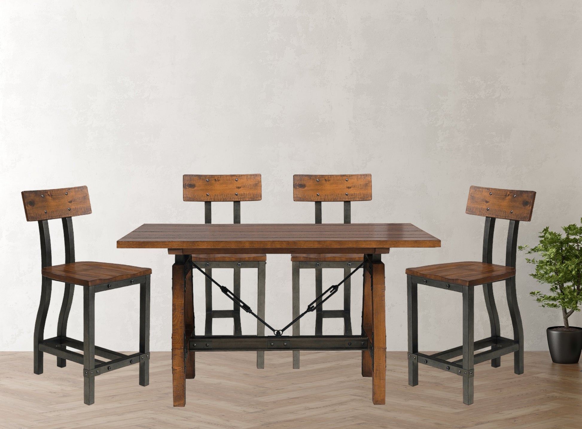 Rustic Brown And Gunmetal Finish 5Pc Dining Set Counter Height Table And 4X Counter Height Chairs Industrial Design Wooden Dining Furniture Multicolor Seats 4 Dining Room Industrial,Rustic