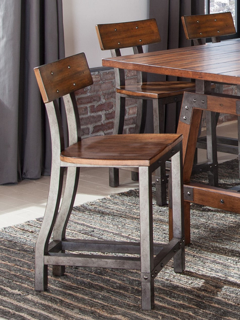 Rustic Brown And Gunmetal Finish 7Pc Dining Set Counter Height Table And 6X Counter Height Chairs Industrial Design Wooden Dining Furniture Multicolor Seats 6 Dining Room Industrial,Rustic