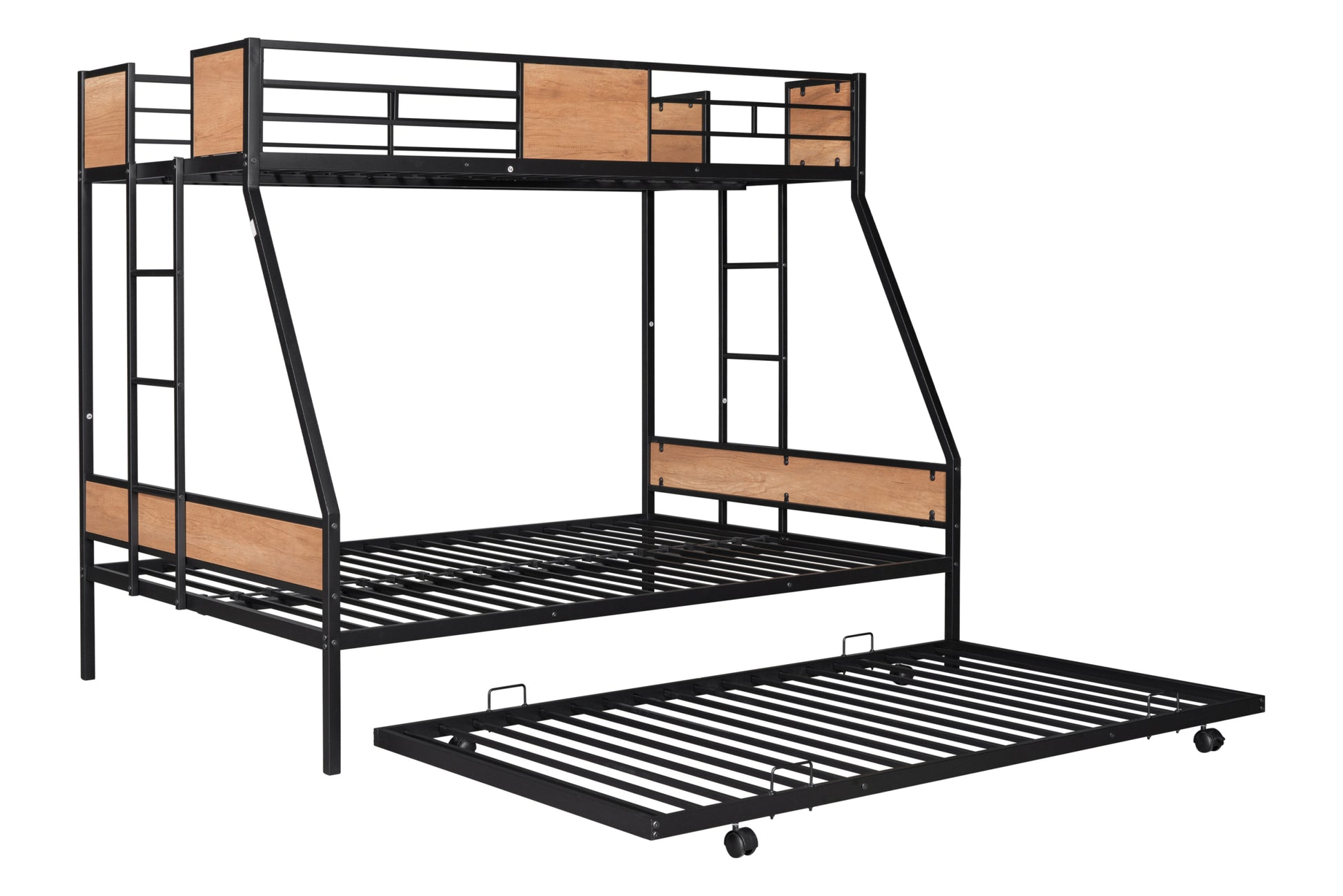 Metal Twin Over Full Bunk Bed With Trundle Heavy Duty Sturdy Metal Noise Reduced Safety Guardrail Wooden Decoration Convenient Trundle Bunk Bed For Three Cpc Certified No Box Spring Needed Black Metal