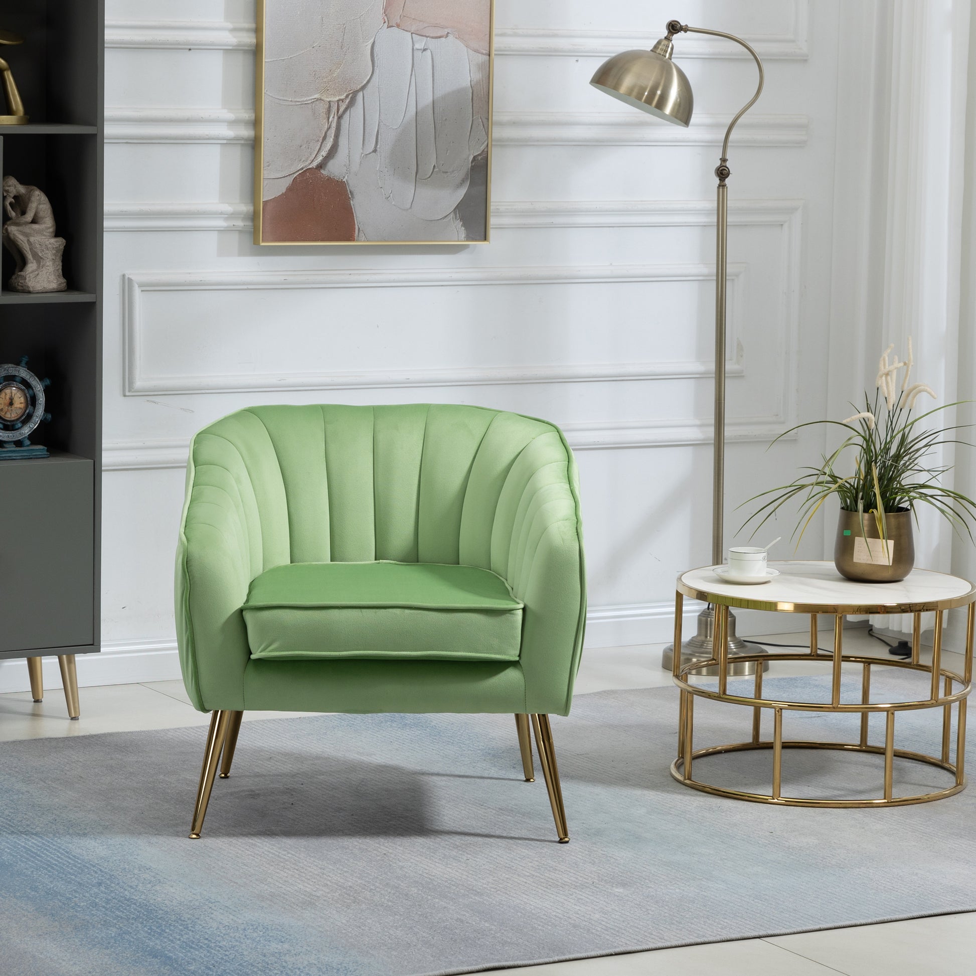 Velvet Accent Chair With Ottoman, Modern Tufted Barrel Chair Ottoman Set For Living Room Bedroom, Golden Finished, Grass Green Grass Green Foam Velvet