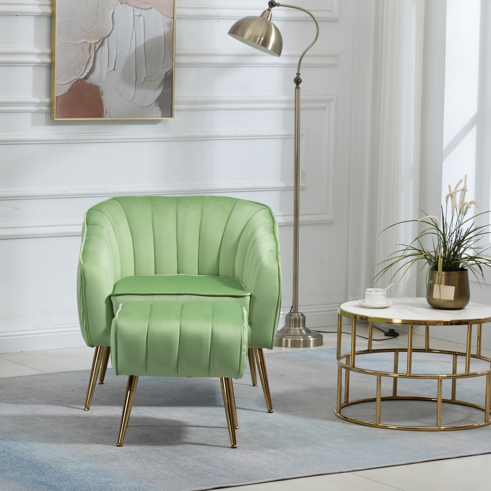 Velvet Accent Chair With Ottoman, Modern Tufted Barrel Chair Ottoman Set For Living Room Bedroom, Golden Finished, Grass Green Grass Green Foam Velvet