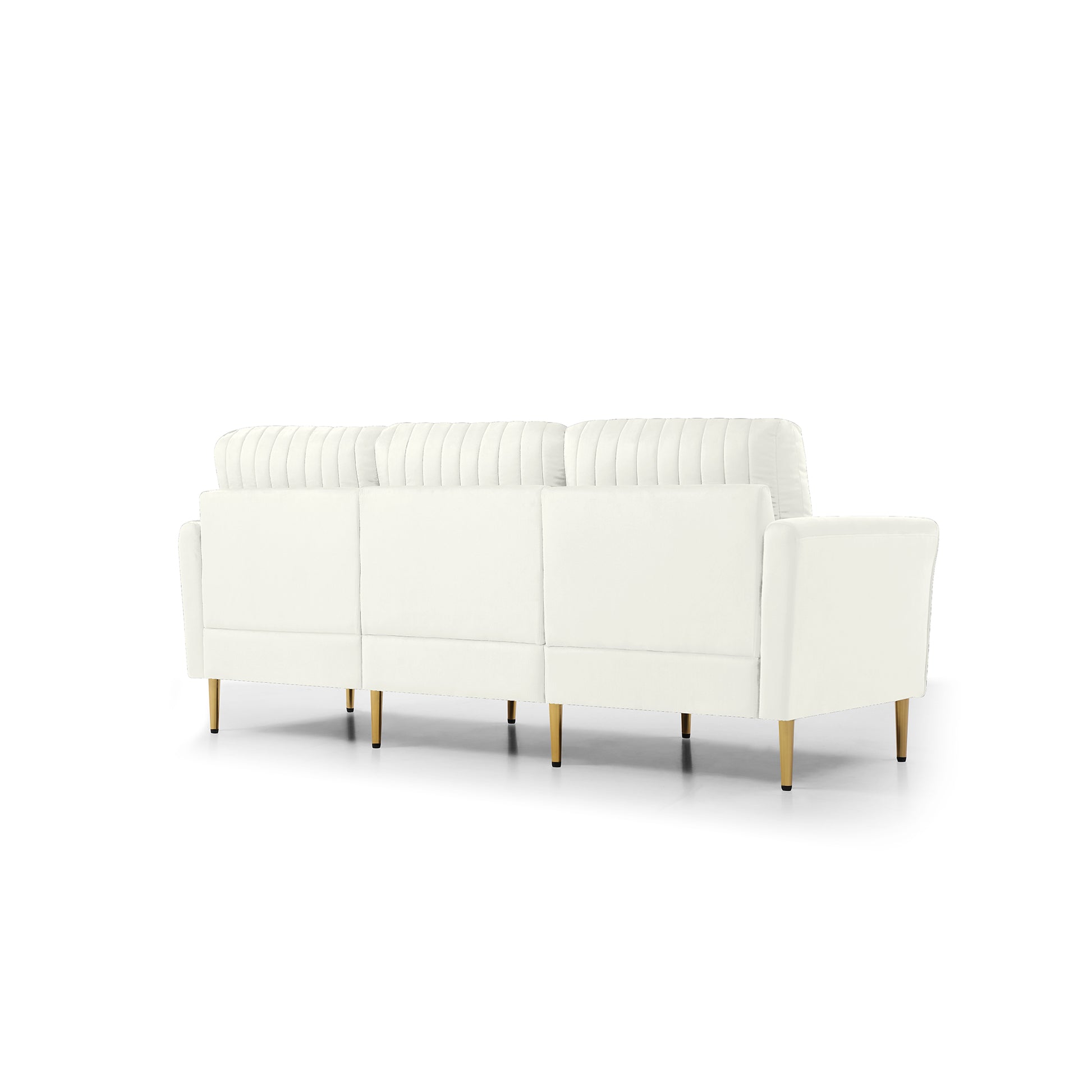 Contemporary Velvet Upholstered 3 Seater Sofa With Deep Channel Tufting And Gold Metal Legs, Cream Cream Foam Velvet