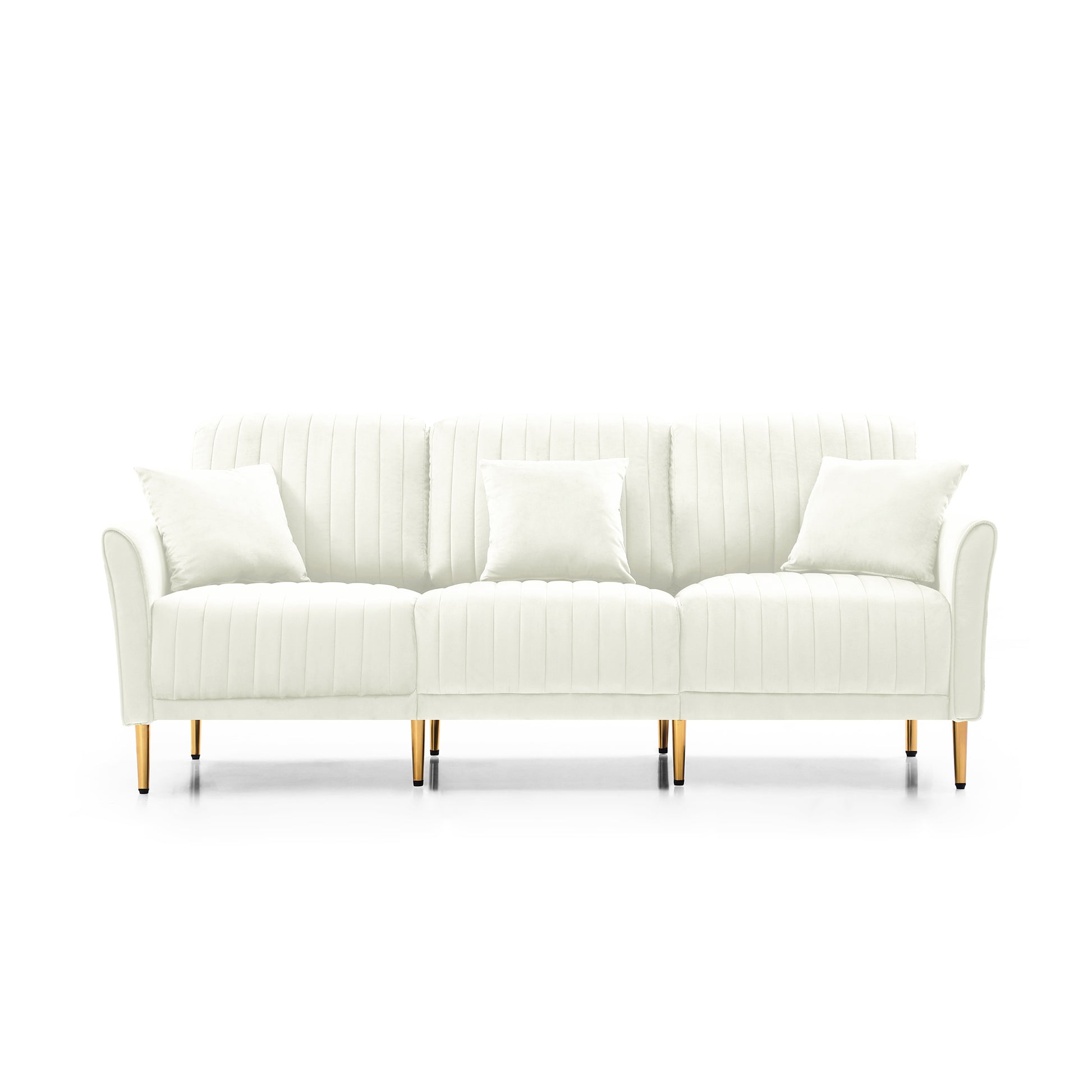Contemporary Velvet Upholstered 3 Seater Sofa With Deep Channel Tufting And Gold Metal Legs, Cream Cream Foam Velvet