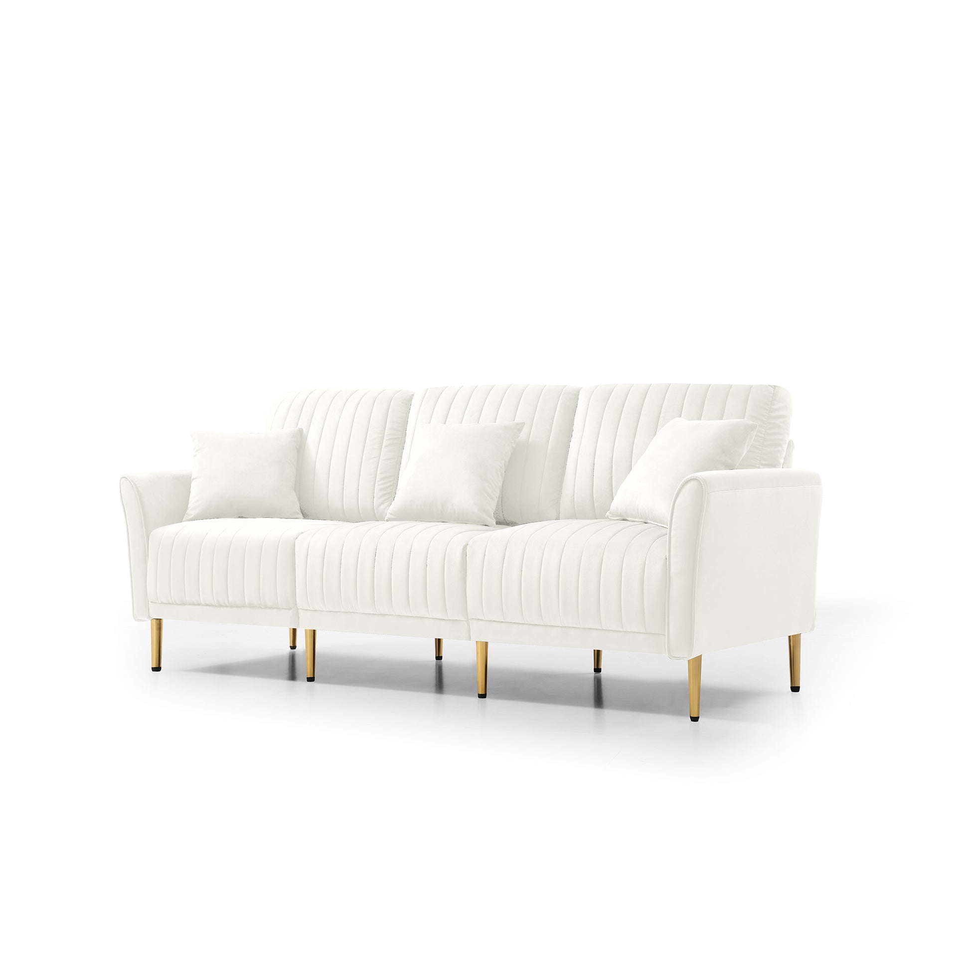 Contemporary Velvet Upholstered 3 Seater Sofa With Deep Channel Tufting And Gold Metal Legs, Cream Cream Foam Velvet