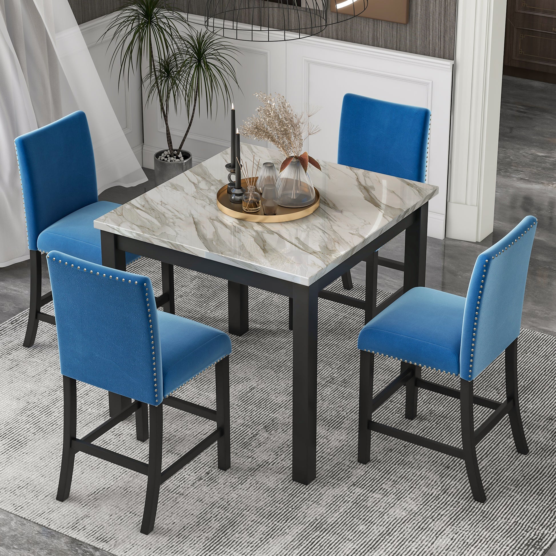 5 Piece Counter Height Dining Table Set With One Faux Marble Dining Table And Four Upholstered Seat Chairs, Table Top: 40In.L X40In.W, For Kitchen And Living Room Furniture,Blue Blue Mdf