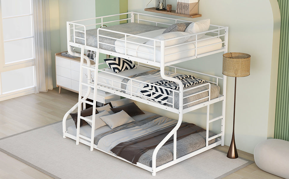 Full Xl Over Twin Xl Over Queen Size Triple Bunk Bed With Long And Short Ladder,White Box Spring Not Required White Metal Bedroom Bunk Metal