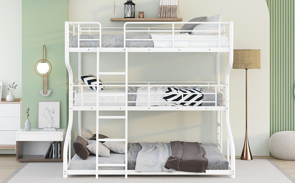 Full Xl Over Twin Xl Over Queen Size Triple Bunk Bed With Long And Short Ladder,White Box Spring Not Required White Metal Bedroom Bunk Metal