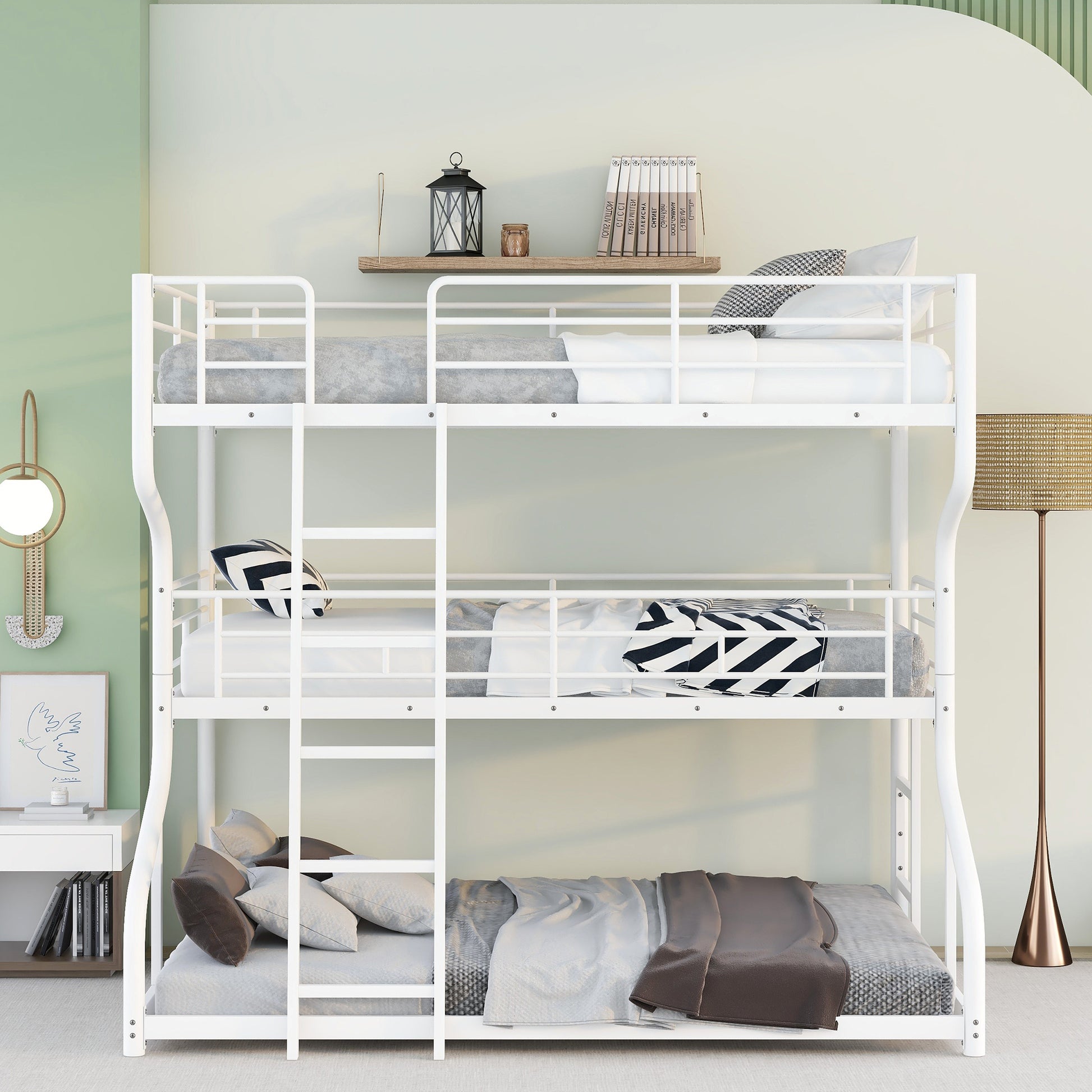 Full Xl Over Twin Xl Over Queen Size Triple Bunk Bed With Long And Short Ladder,White Box Spring Not Required White Metal Bedroom Bunk Metal