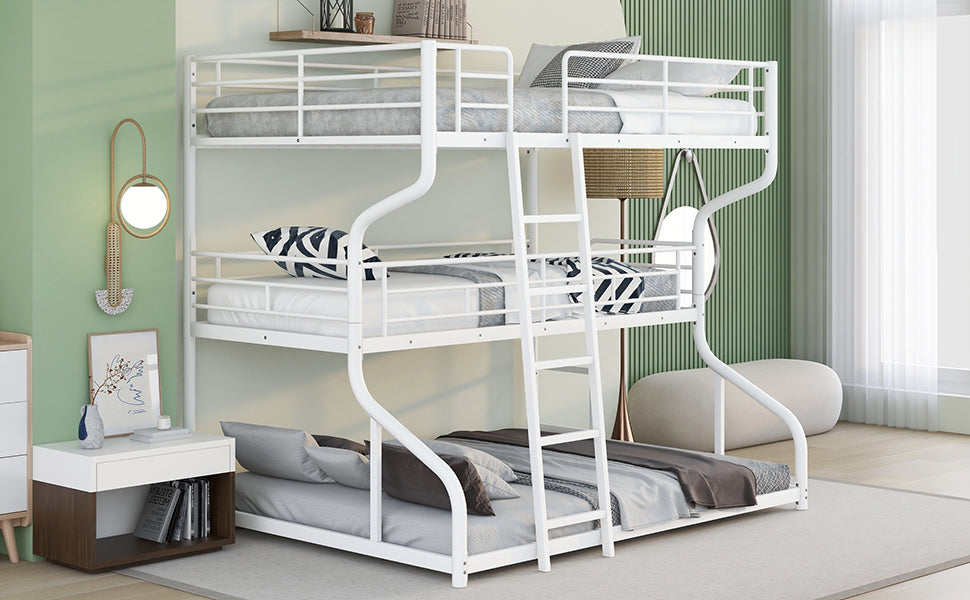 Full Xl Over Twin Xl Over Queen Size Triple Bunk Bed With Long And Short Ladder,White Box Spring Not Required White Metal Bedroom Bunk Metal