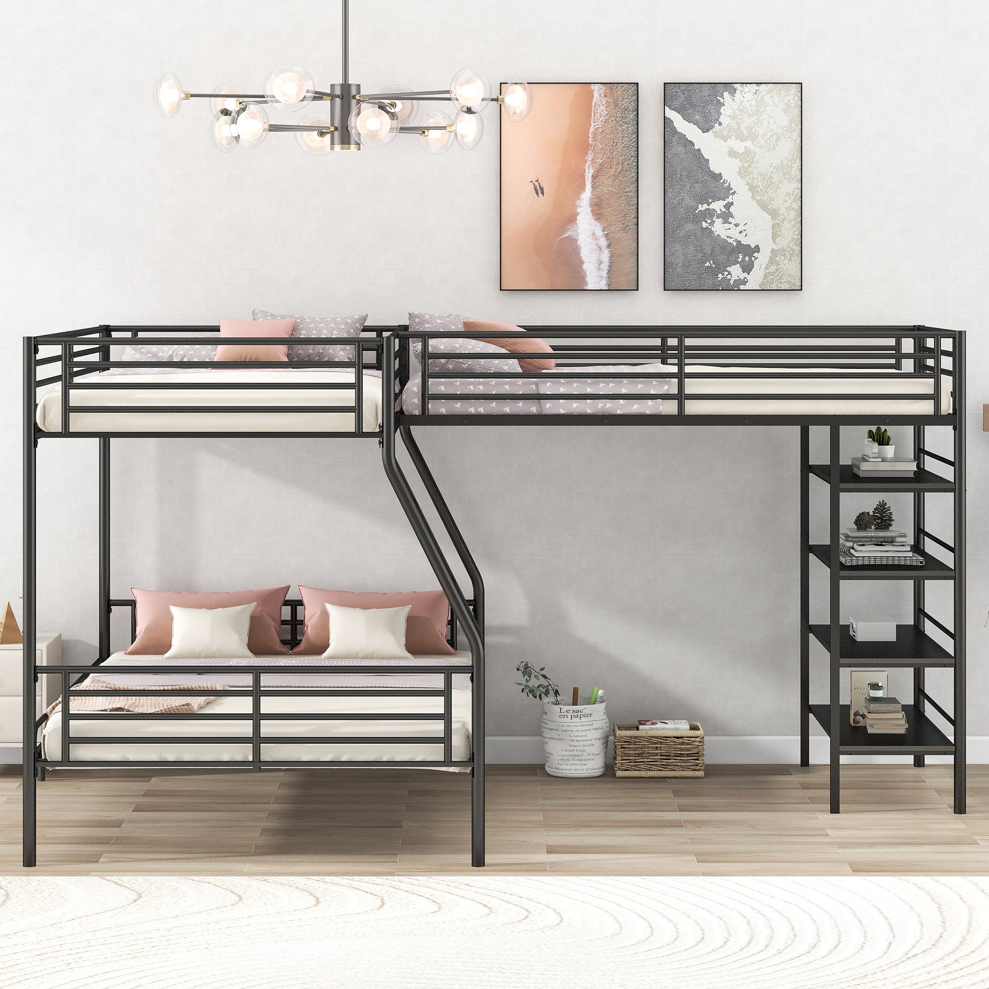 L Shaped Metal Twin Over Full Bunk Bed And Twin Size Loft Bed With Four Built In Shelves,Black Black Metal