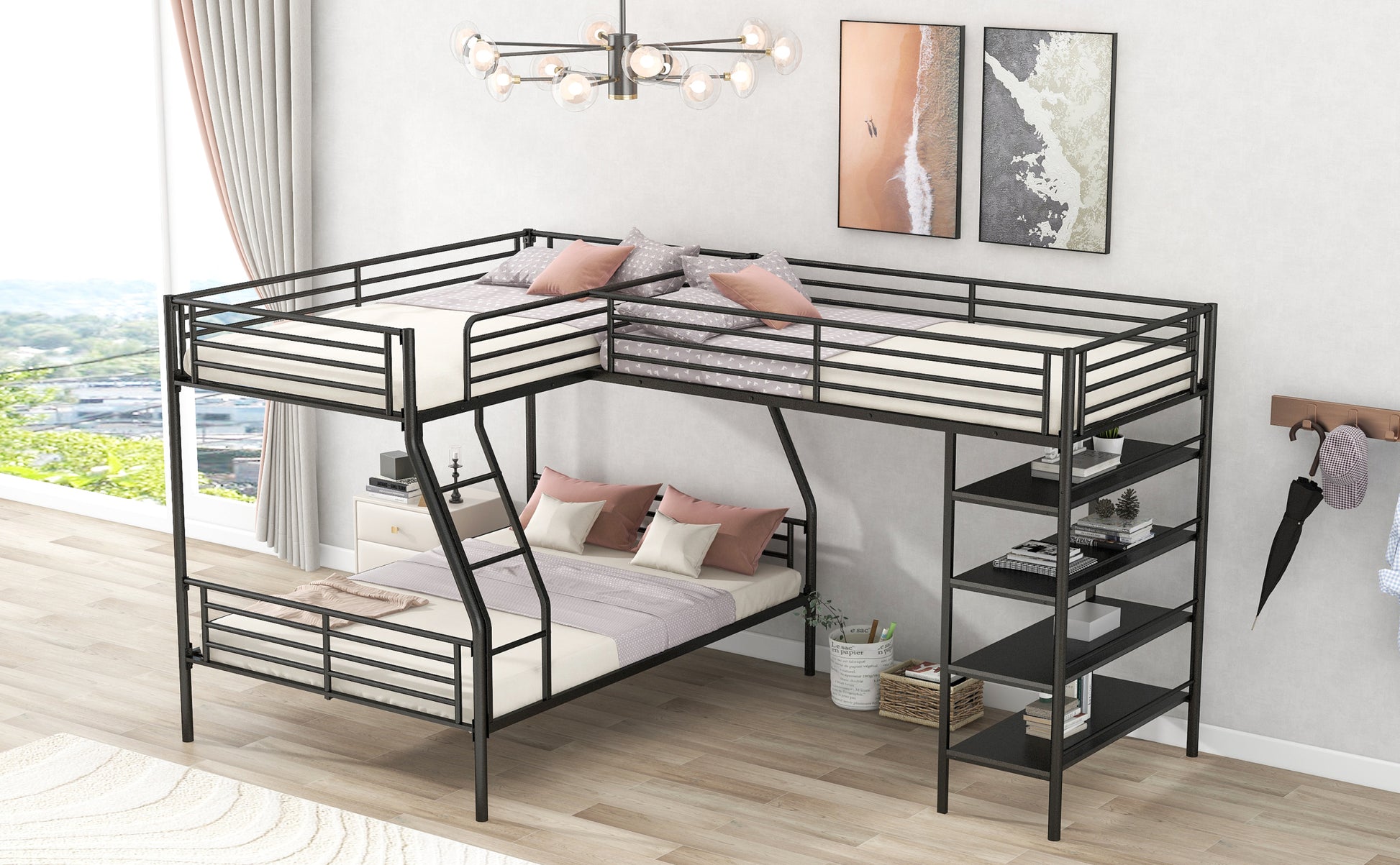 L Shaped Metal Twin Over Full Bunk Bed And Twin Size Loft Bed With Four Built In Shelves,Black Black Metal