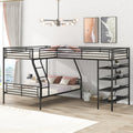 L Shaped Metal Twin Over Full Bunk Bed And Twin Size Loft Bed With Four Built In Shelves,Black Black Metal
