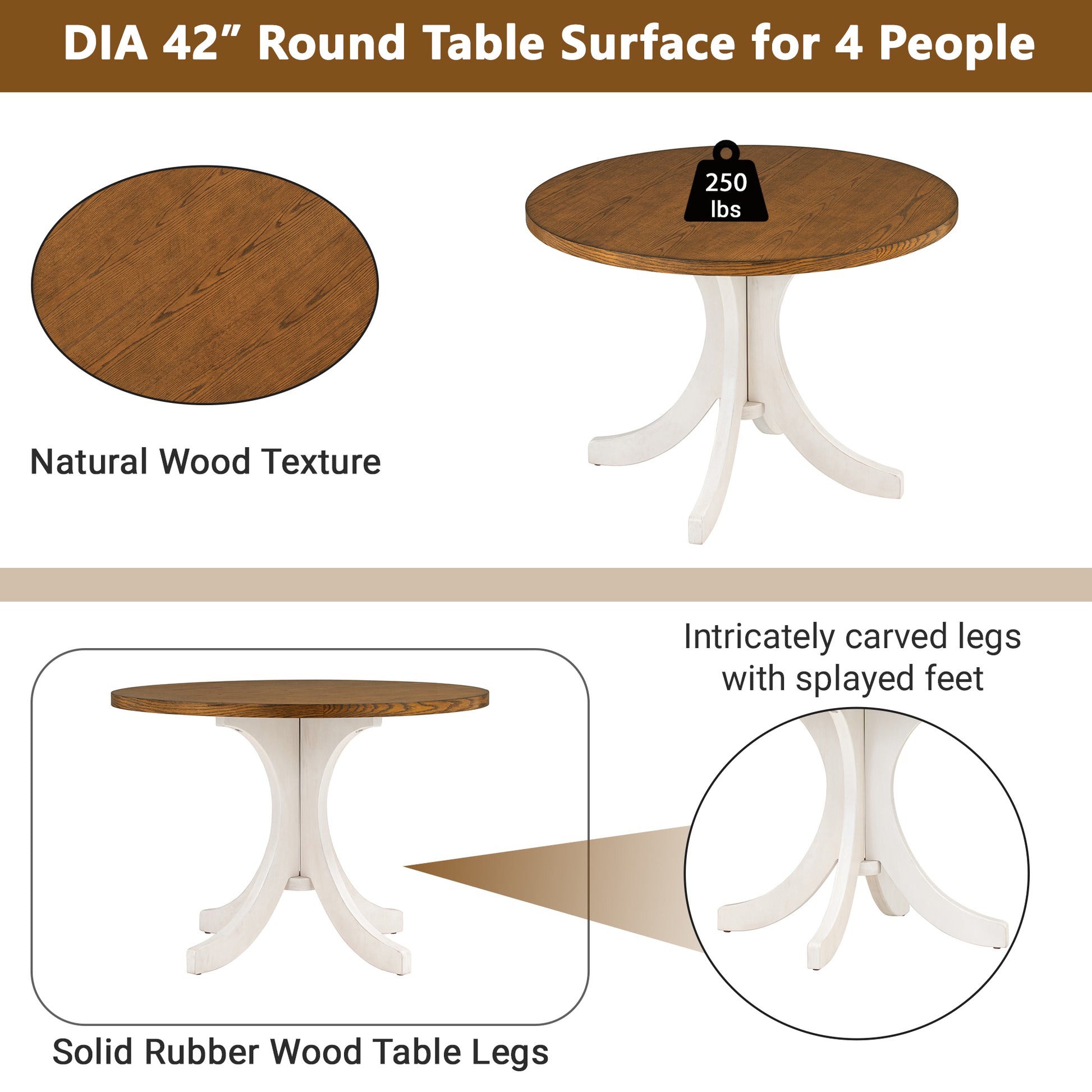 Mid Century Solid Wood 5 Piece Round Dining Table Set, Kitchen Table Set With Upholstered Chairs For Small Places, Walnut Table Beige Chair Wood Dining Room Solid Wood Rubberwood Round Dining Table With Chair Upholstered Chair Wood Walnut Slat Back Seats