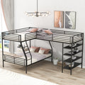L Shaped Metal Twin Over Full Bunk Bed And Twin Size Loft Bed With Four Built In Shelves,Black Black Metal