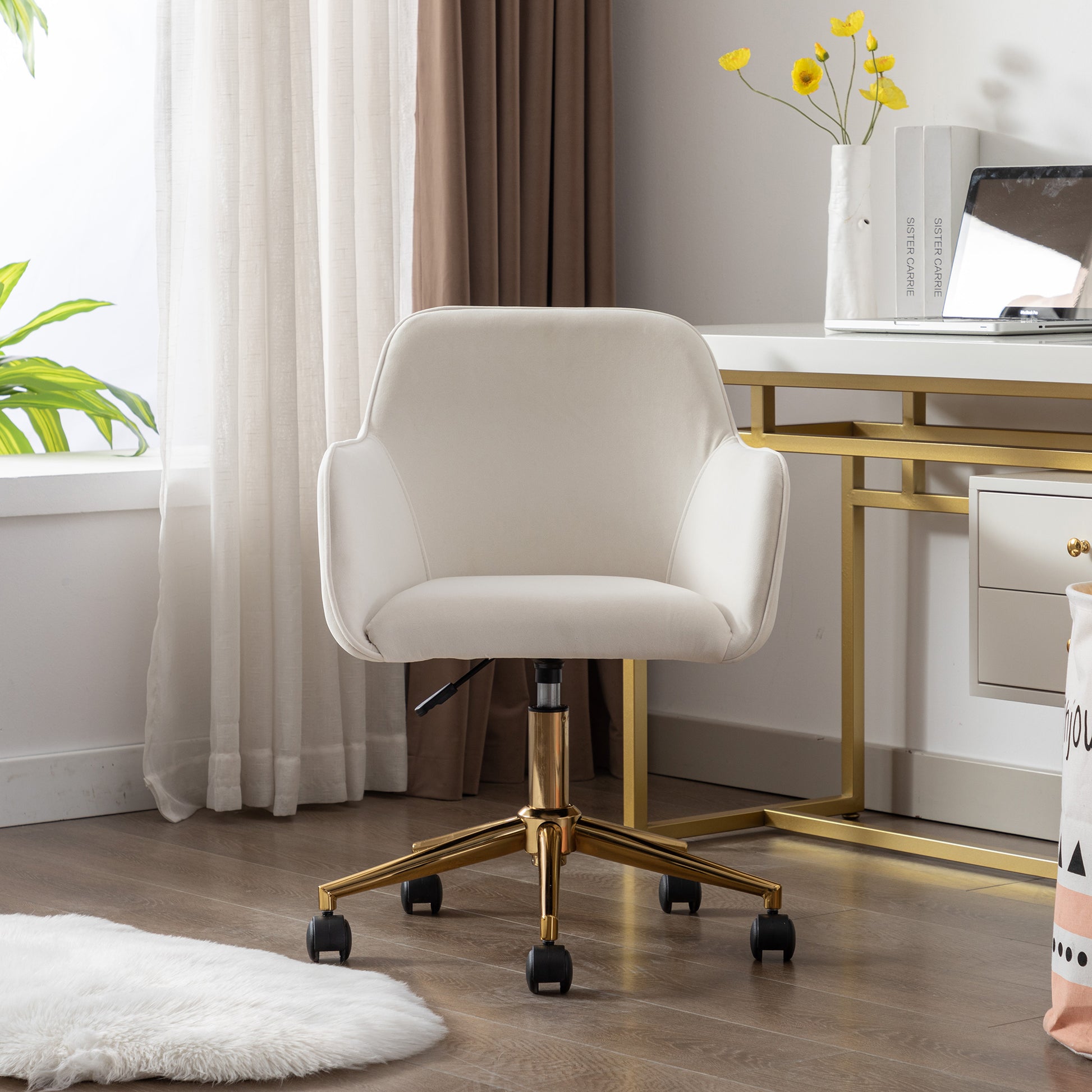 Modern Velvet Fabric Material Adjustable Height 360 Revolving Home Office Chair With Gold Metal Legs And Universal Wheels For Indoor,Ivory Ivory Foam Velvet