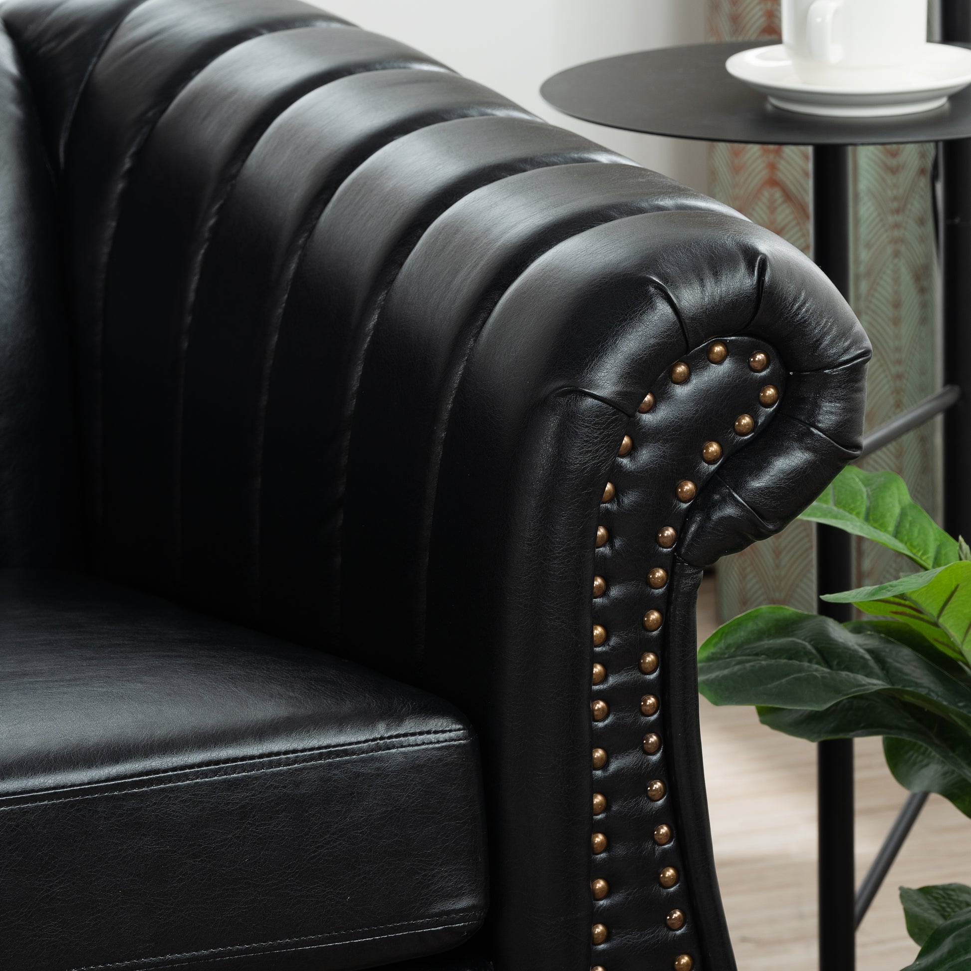 83.46'' Black Pu Rolled Arm Chesterfield Three Seater Sofa. Black Pu