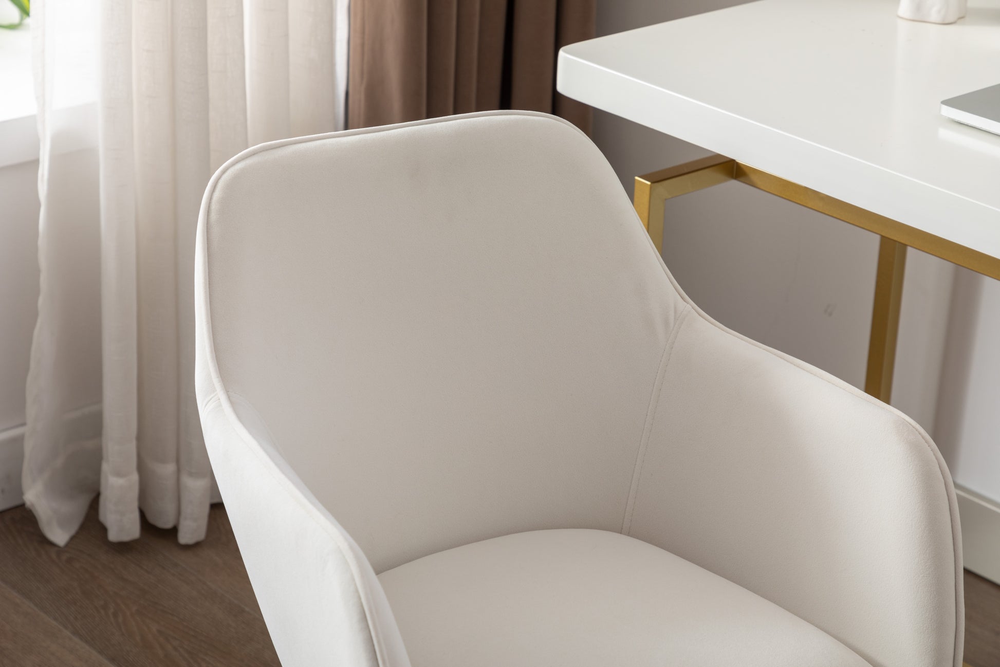 Modern Velvet Fabric Material Adjustable Height 360 Revolving Home Office Chair With Gold Metal Legs And Universal Wheels For Indoor,Ivory Ivory Foam Velvet