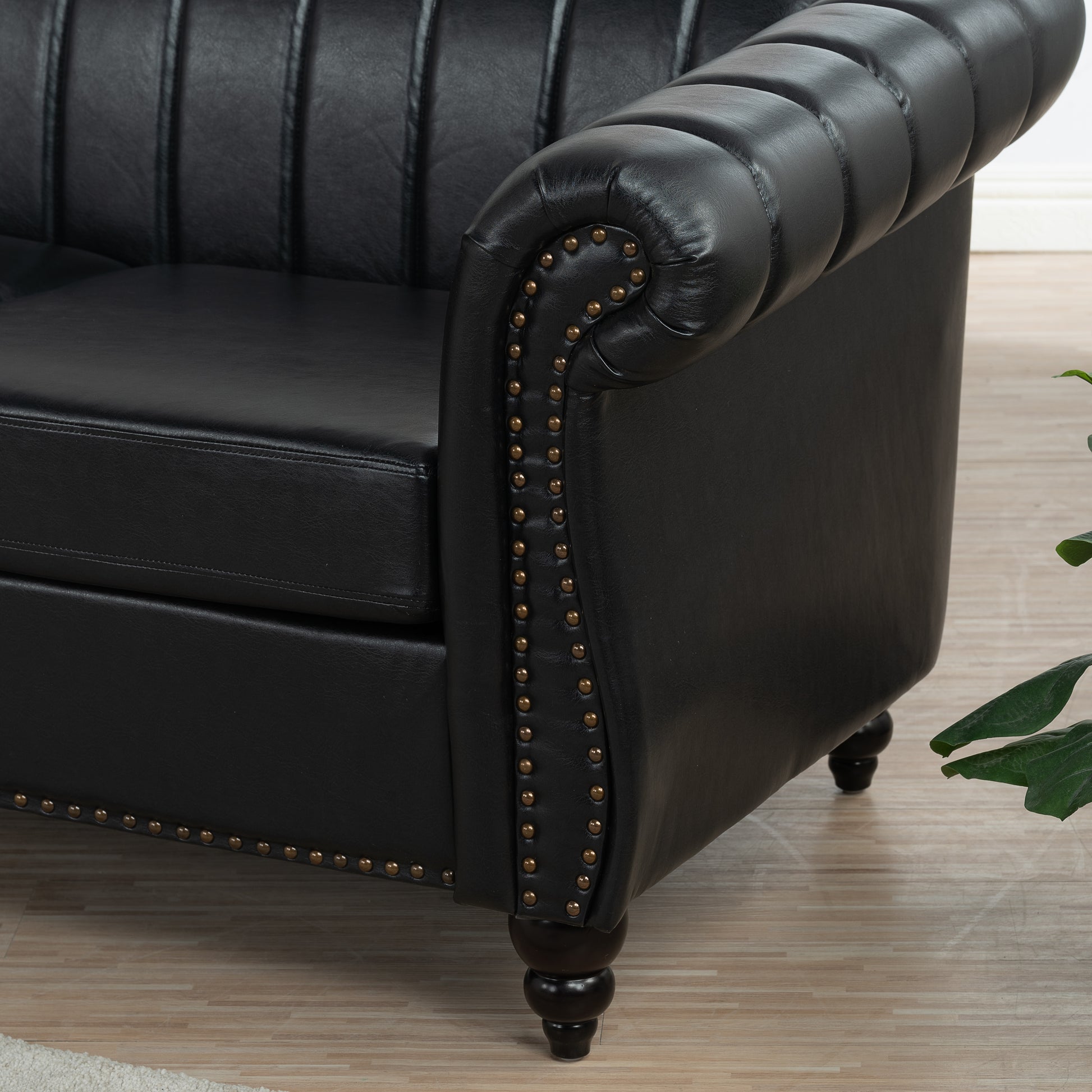 83.46'' Black Pu Rolled Arm Chesterfield Three Seater Sofa. Black Pu