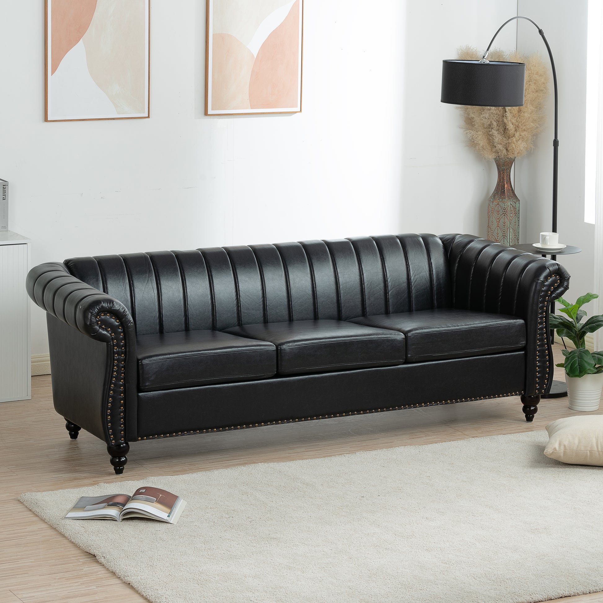83.46'' Black Pu Rolled Arm Chesterfield Three Seater Sofa. Black Pu