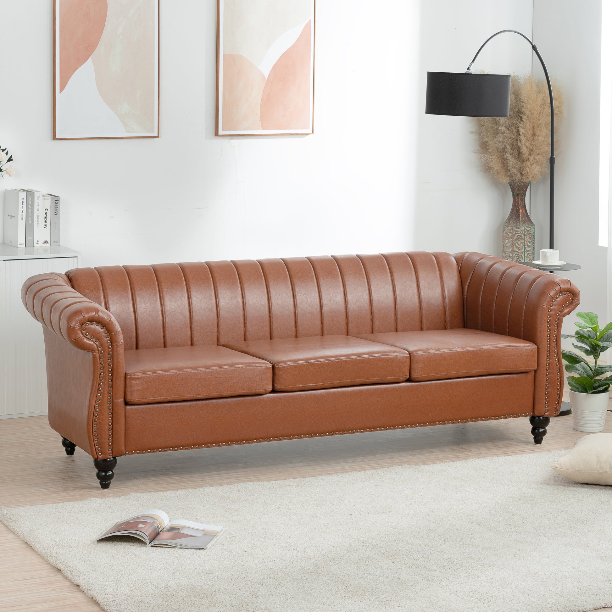 83.46" Brown Pu Rolled Arm Chesterfield Three Seater Sofa. Brown Pu