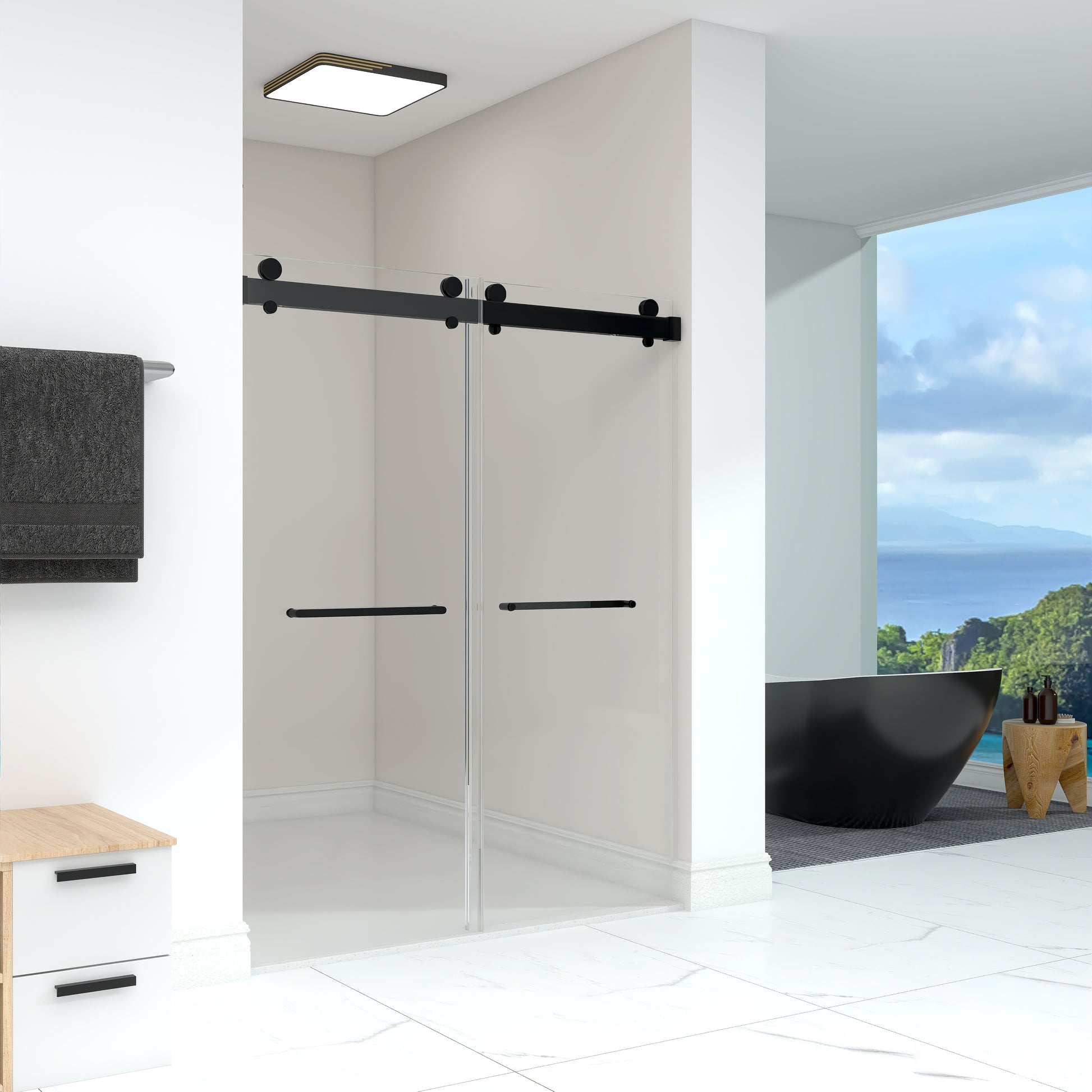 Frameless Double Sliding Shower, 57" 60" Width, 79" Height, 3 8" 10 Mm Clear Tempered Glass,Designed For Smooth Door Closing With Upgraded Crashproof System Technology Matte Black Finish Matte Black Bathroom Modern Glass