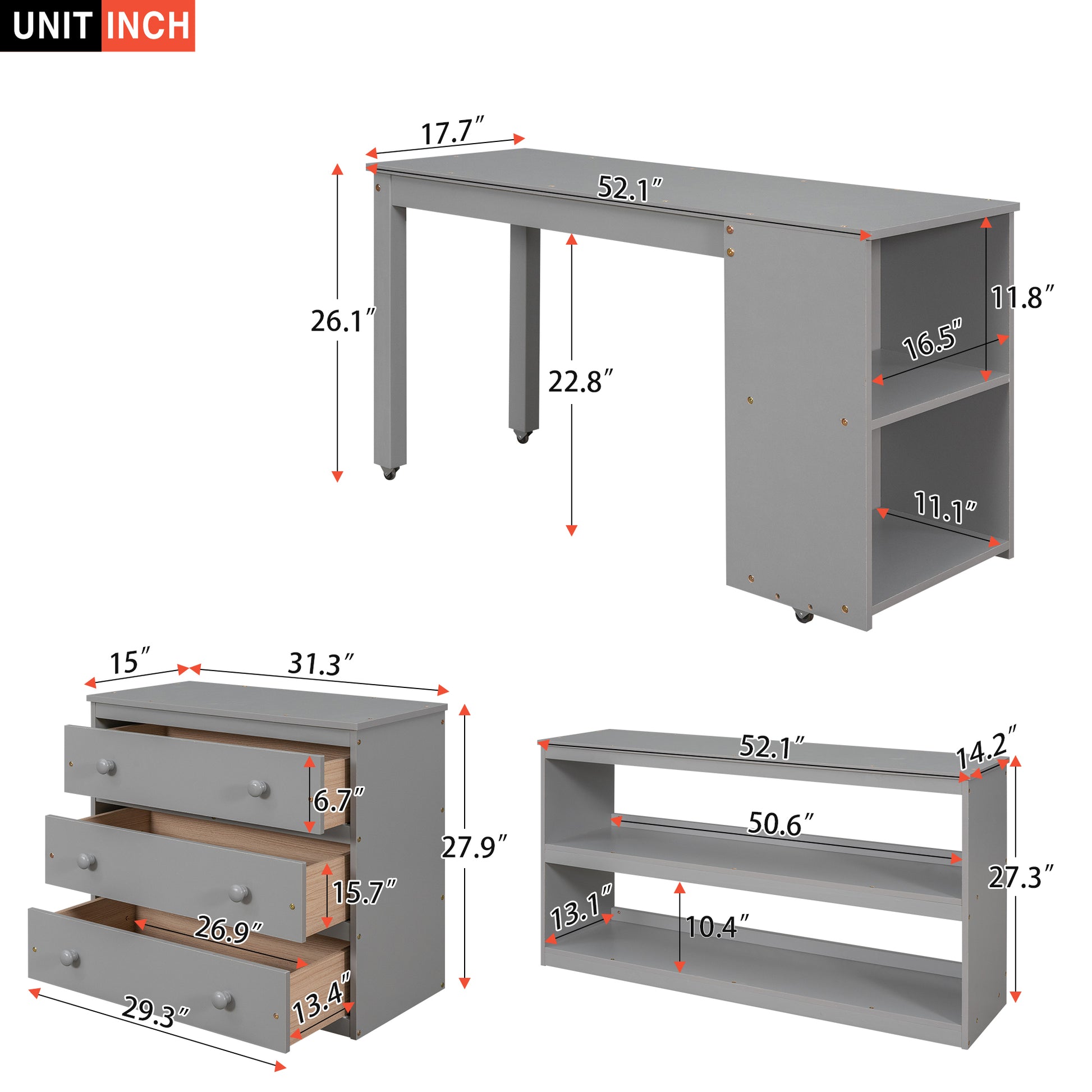 Low Study Full Loft Bed With Cabinet ,Shelves And Rolling Portable Desk ,Multiple Functions Bed Gray Gray Solid Wood