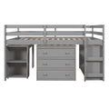 Low Study Full Loft Bed With Cabinet ,Shelves And Rolling Portable Desk ,Multiple Functions Bed Gray Gray Solid Wood
