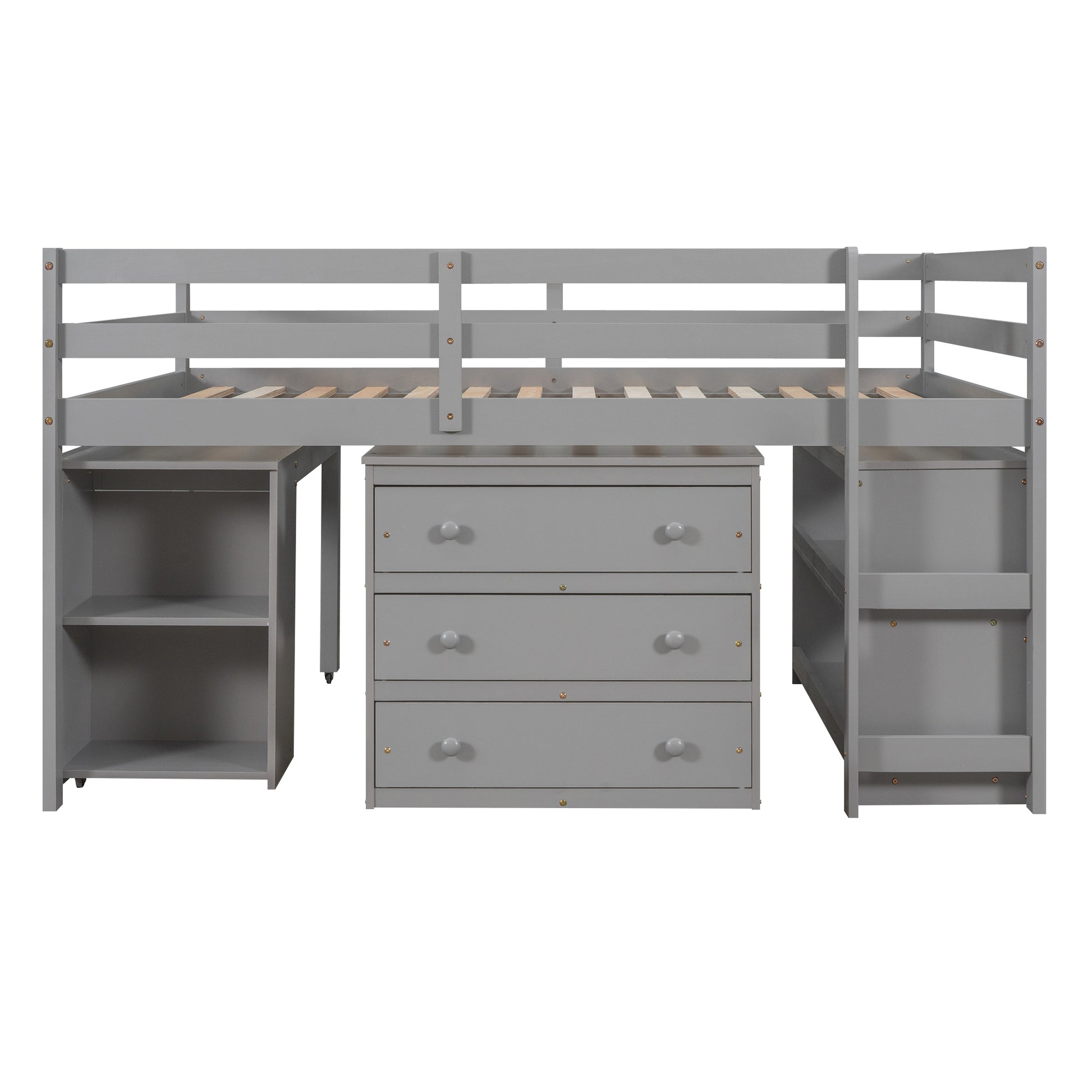 Low Study Full Loft Bed With Cabinet ,Shelves And Rolling Portable Desk ,Multiple Functions Bed Gray Gray Solid Wood